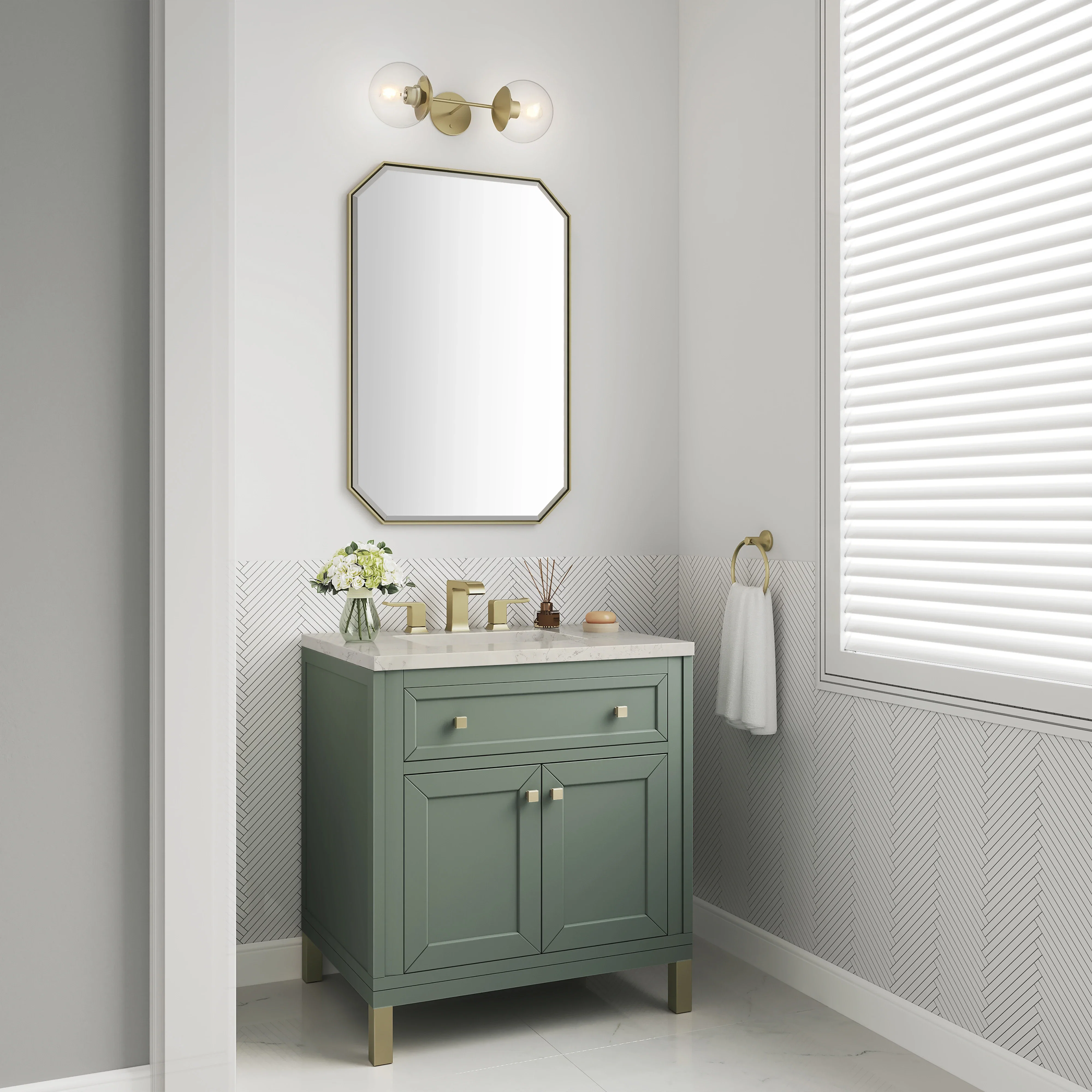 Chicago 30" Single Vanity, Smokey Celadon, w/ 3 CM Siberian Silestone Top