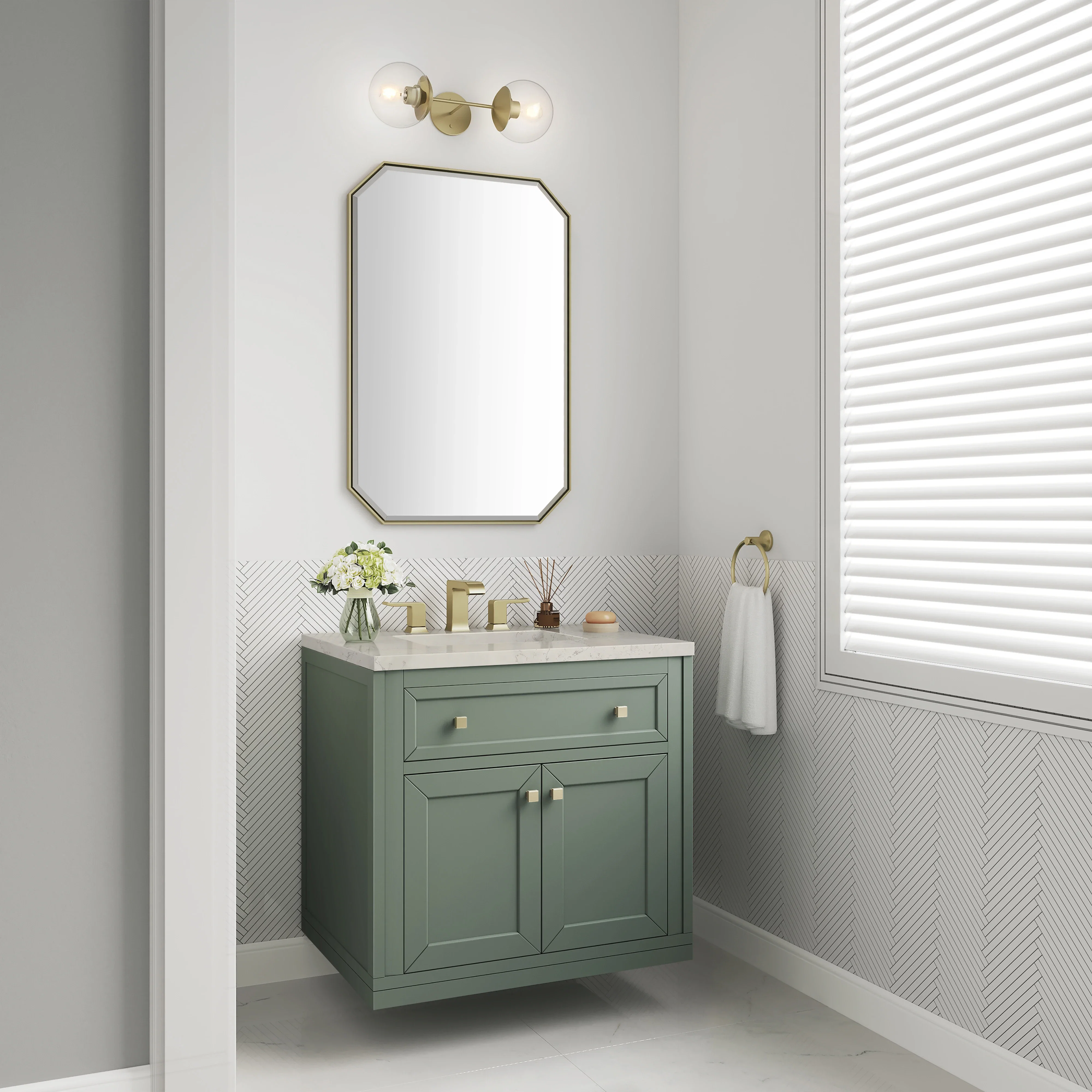 Chicago 30" Single Vanity, Smokey Celadon, w/ 3 CM Siberian Silestone Top