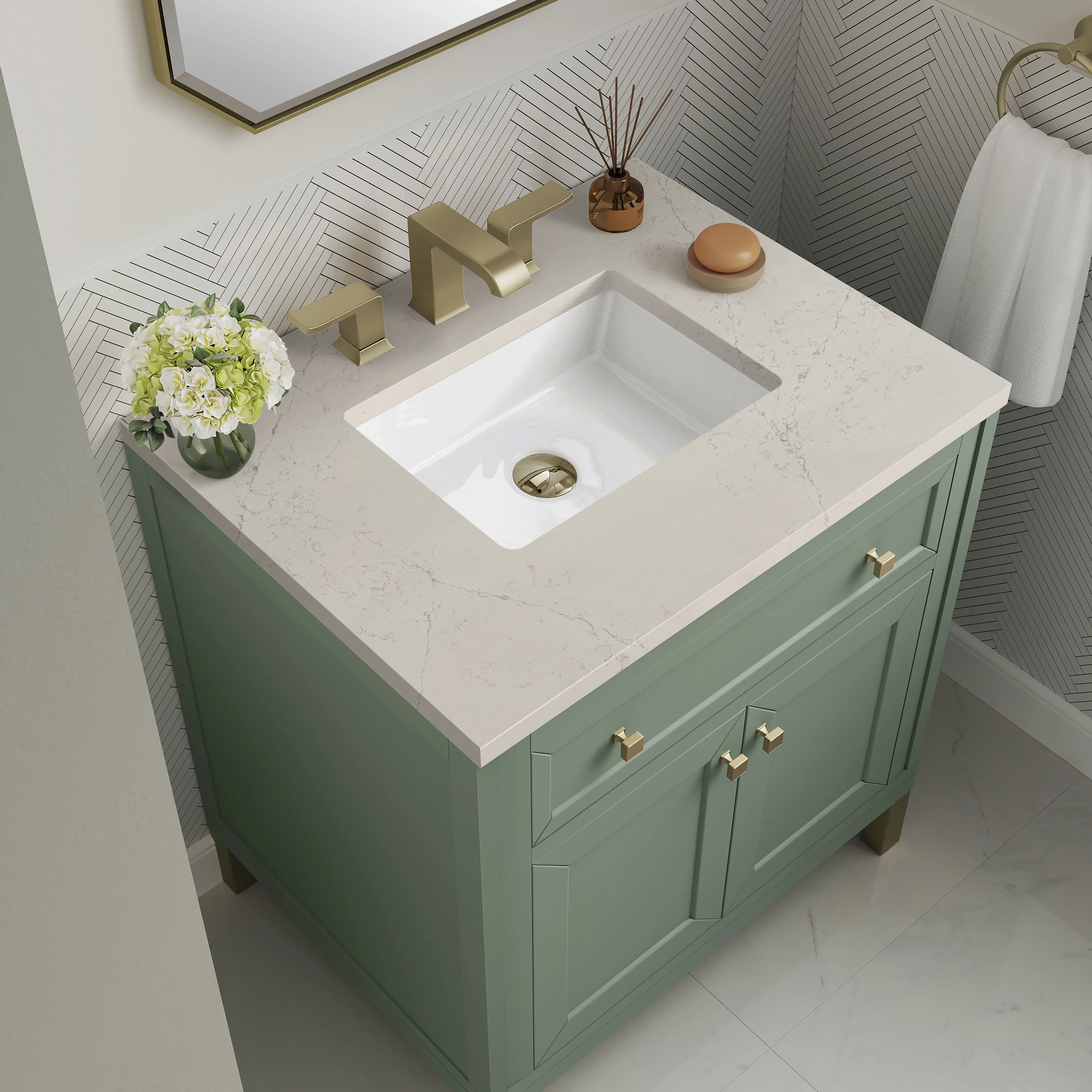 Chicago 30" Single Vanity, Smokey Celadon, w/ 3 CM Siberian Silestone Top