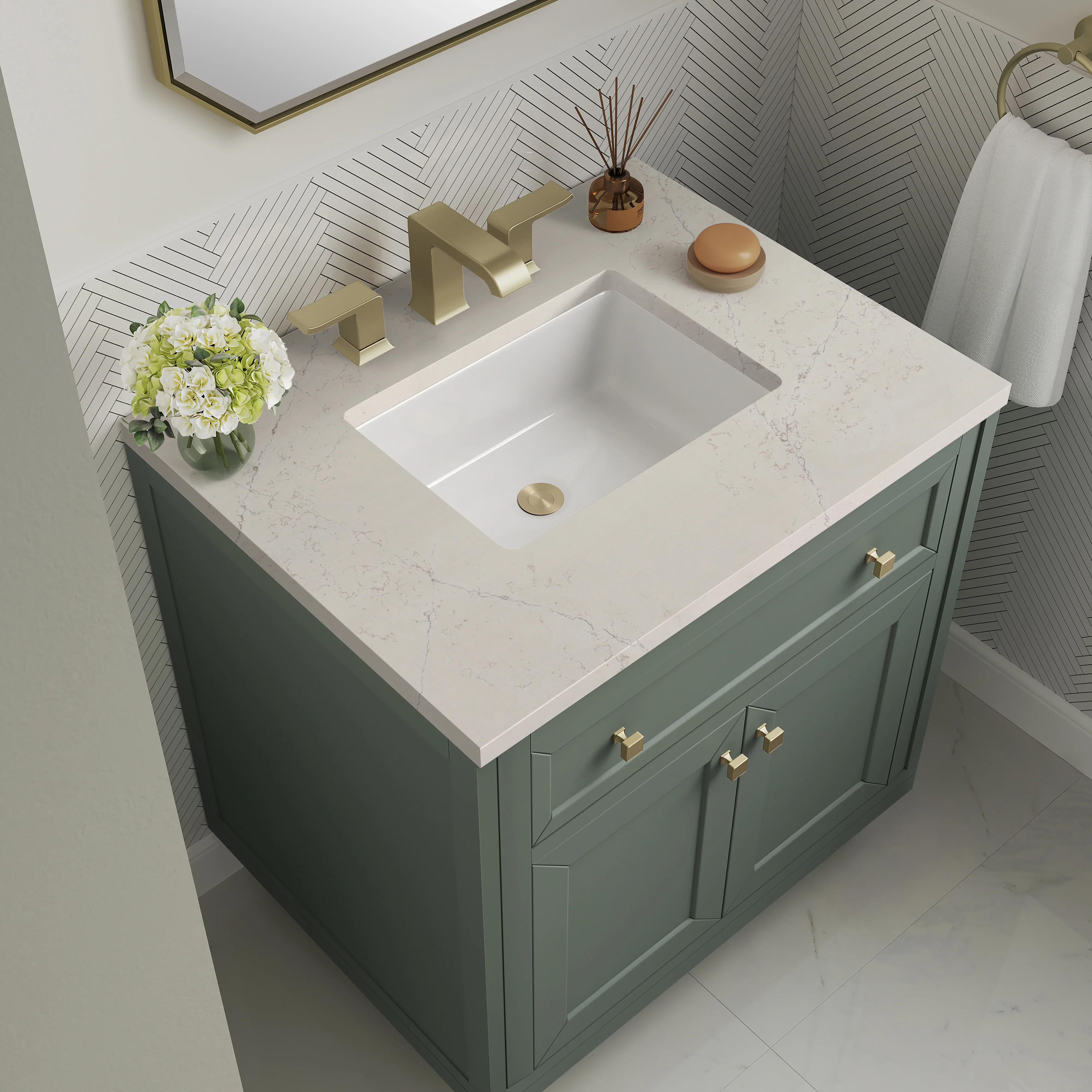 Chicago 30" Single Vanity, Smokey Celadon, w/ 3 CM Siberian Silestone Top