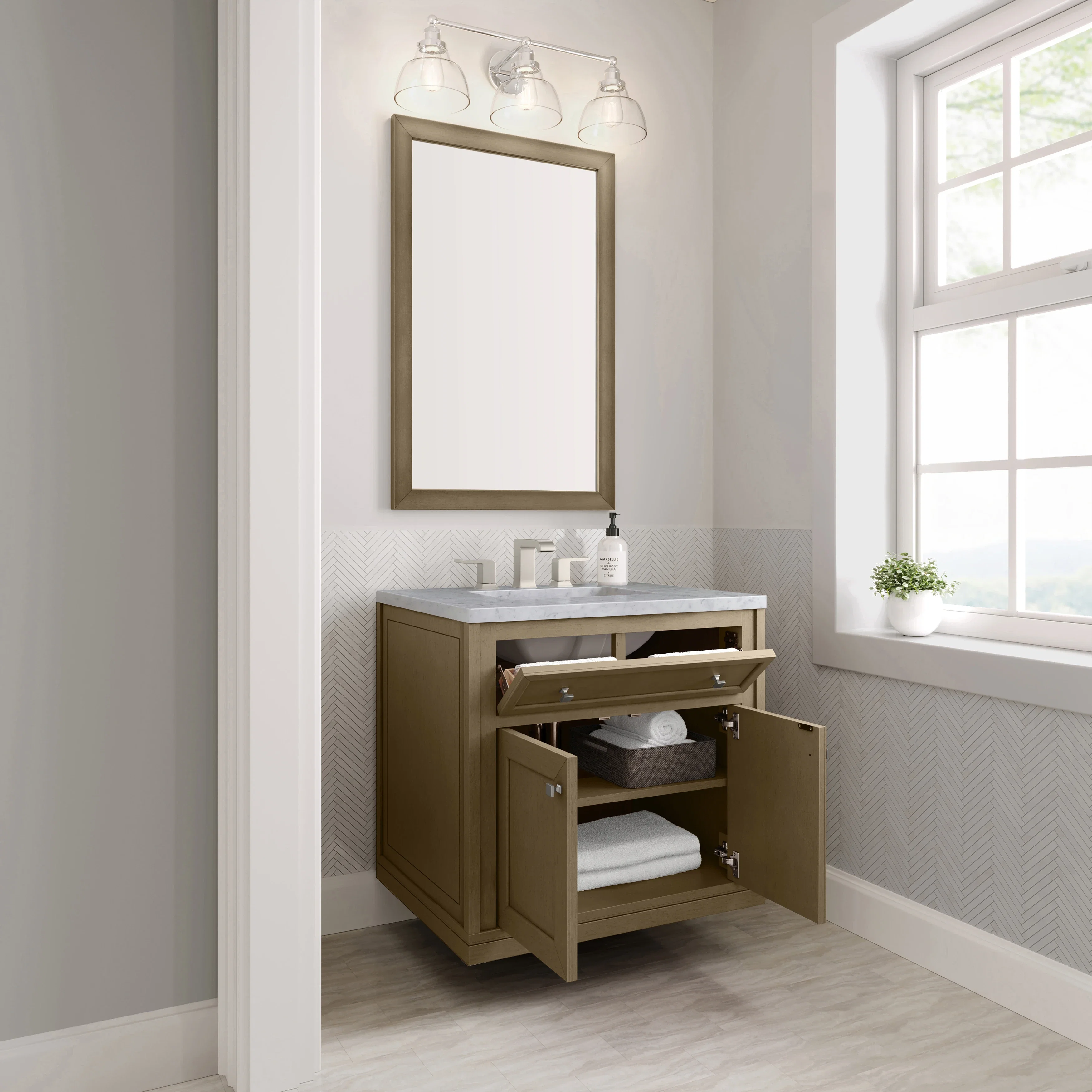 Chicago 30" Single Vanity, Walnut Whisper, w/ 3 CM Carrara Marble Top