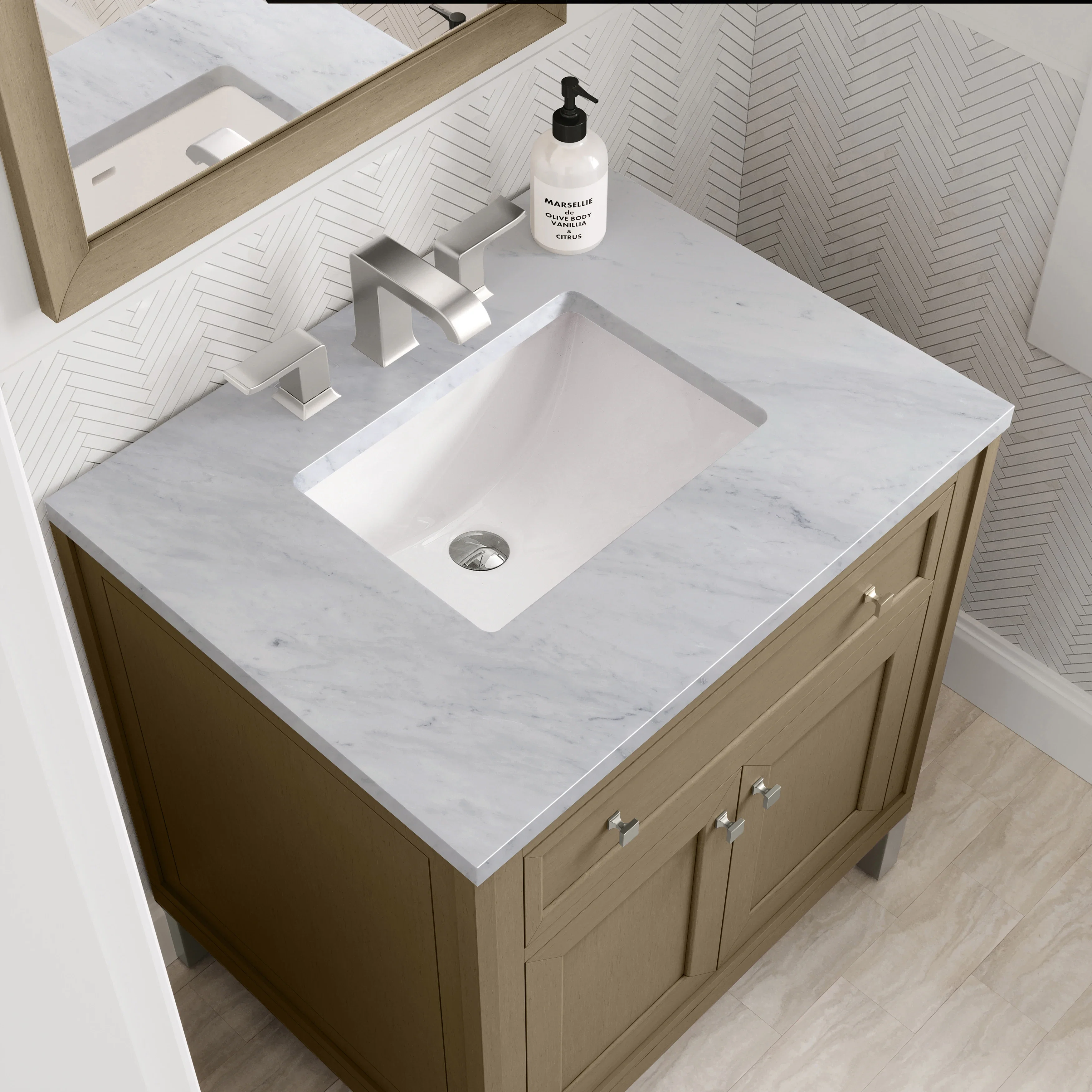 Chicago 30" Single Vanity, Walnut Whisper, w/ 3 CM Carrara Marble Top