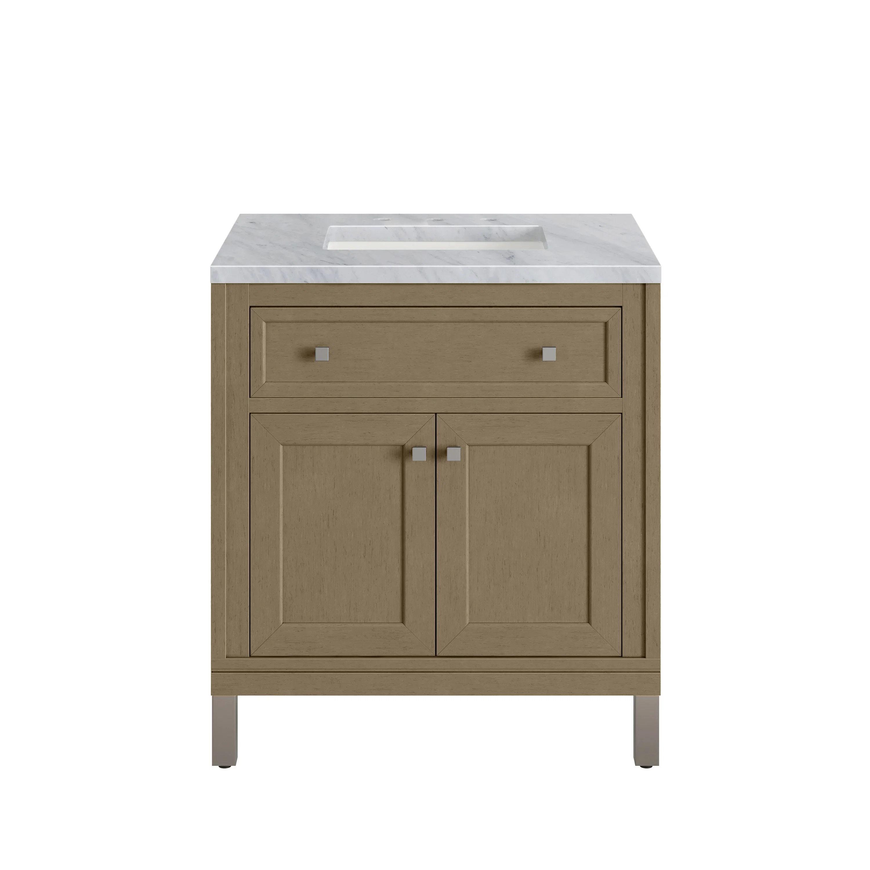 Chicago 30" Single Vanity, Walnut Whisper, w/ 3 CM Carrara Marble Top