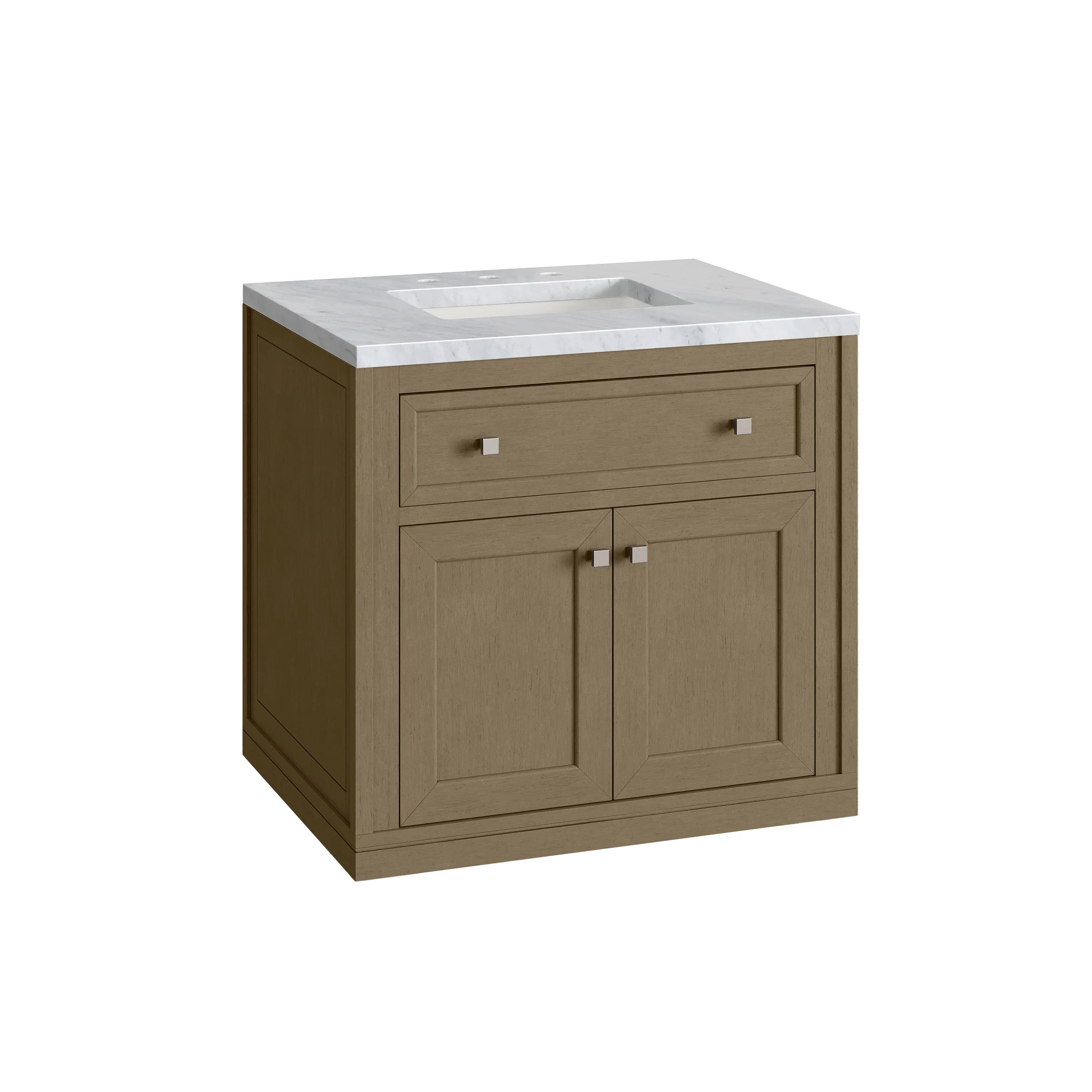 Chicago 30" Single Vanity, Walnut Whisper, w/ 3 CM Carrara Marble Top