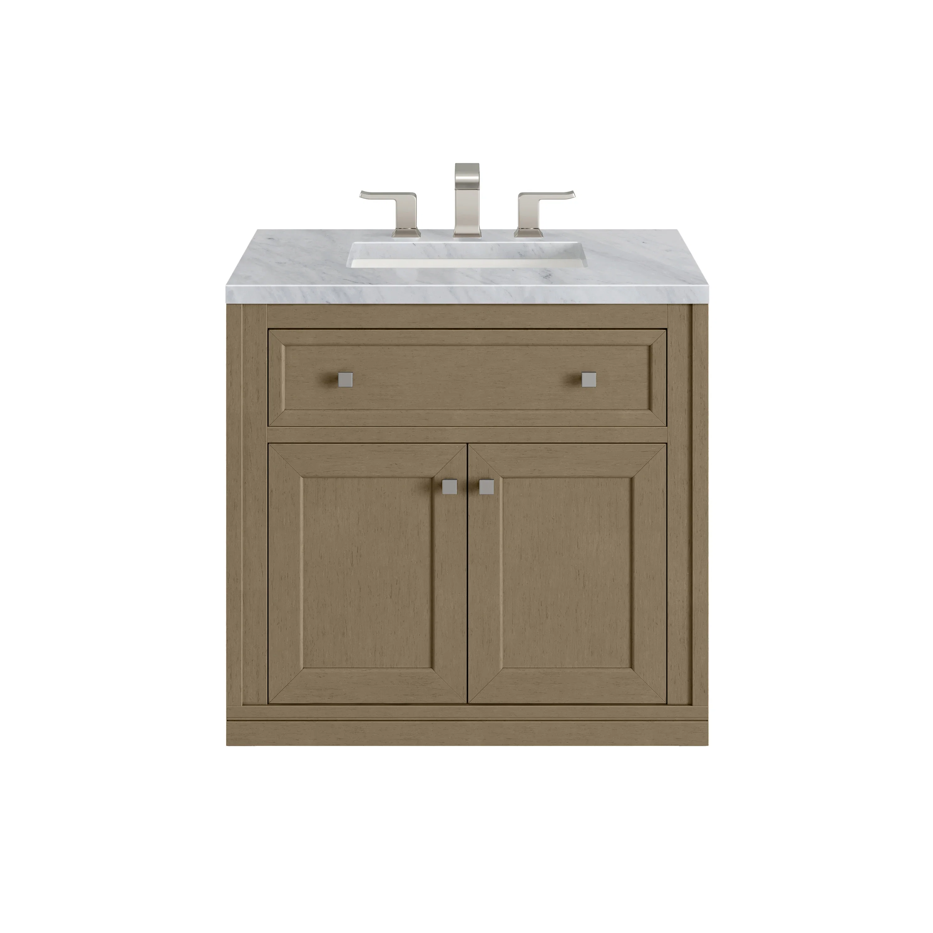 Chicago 30" Single Vanity, Walnut Whisper, w/ 3 CM Carrara Marble Top