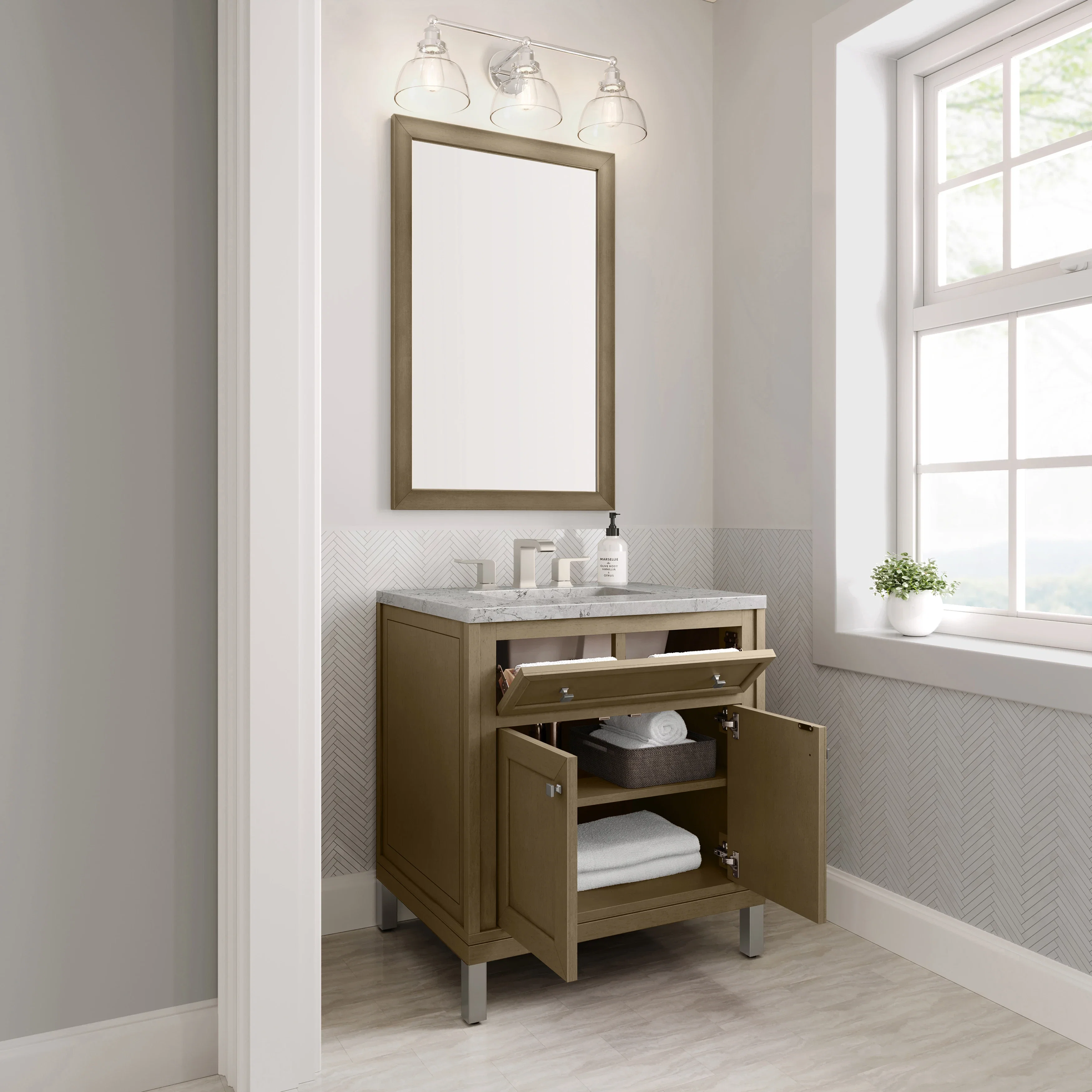 Chicago 30" Single Vanity, Walnut Whisper, w/ 3 CM Eternal Jasmine Pearl Silestone® Top