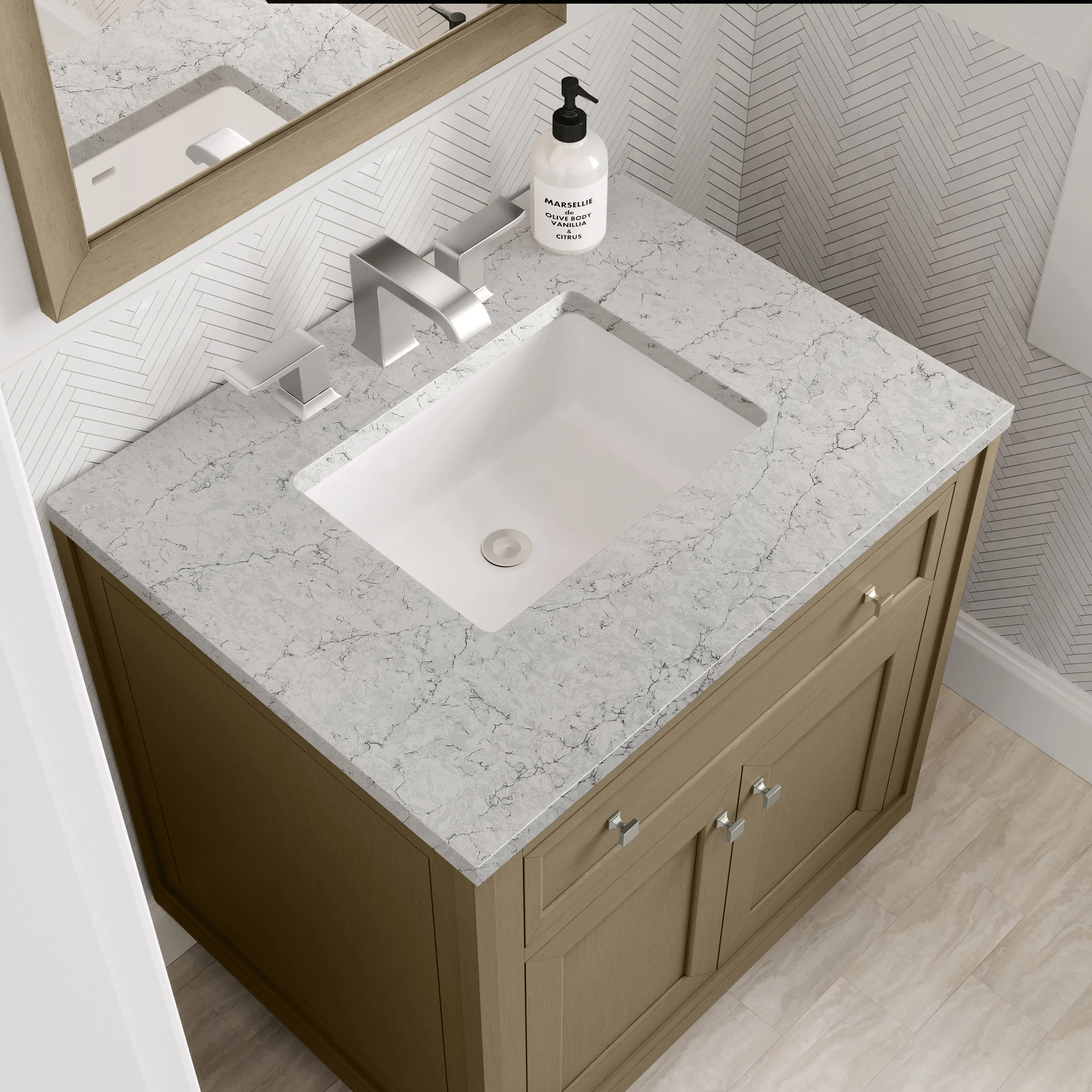 Chicago 30" Single Vanity, Walnut Whisper, w/ 3 CM Eternal Jasmine Pearl Silestone® Top