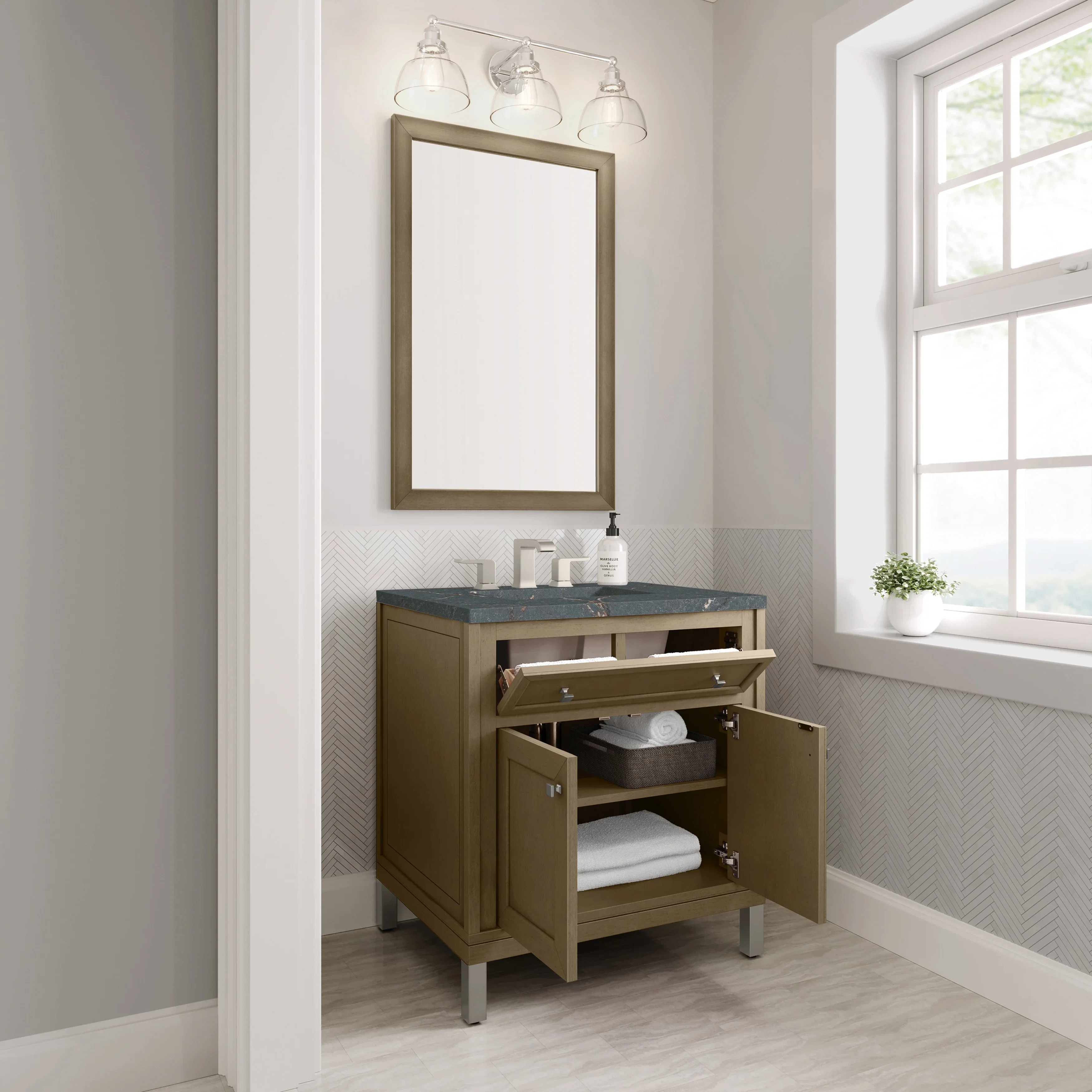Chicago 30" Single Vanity, Walnut Whisper, w/ 3 CM Parisien Bleu Silestone® Top