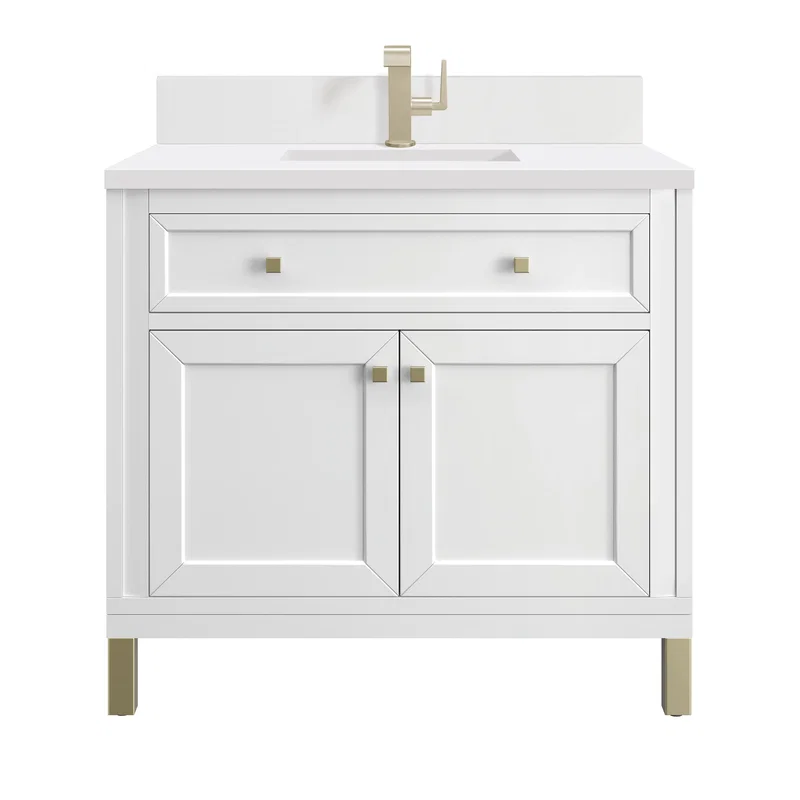 Chicago 36" Single Vanity, Glossy White, w/ Single Hole 3CM White Zeus Silestone® Top & Backsplash