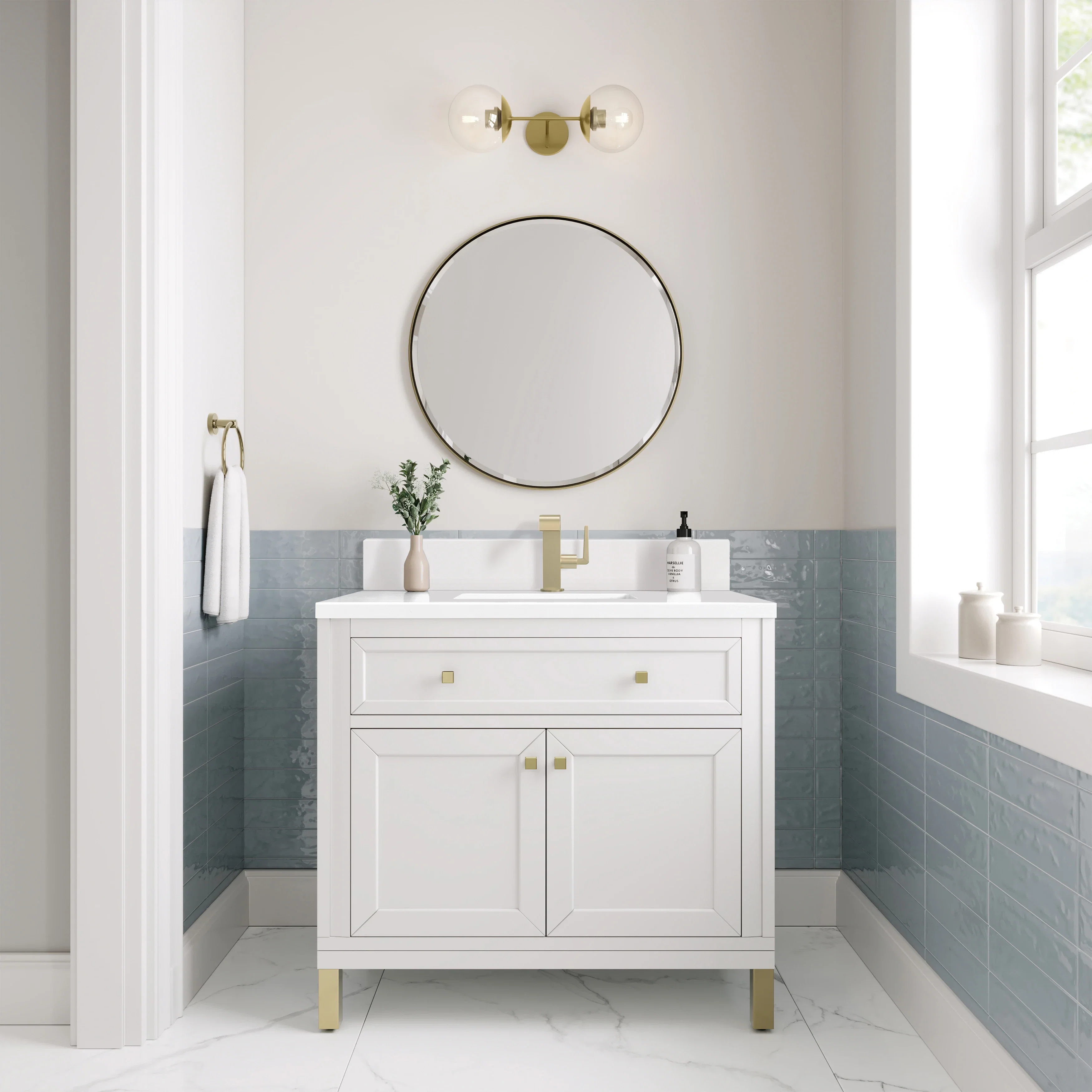 Chicago 36" Single Vanity, Glossy White, w/ Single Hole 3CM White Zeus Silestone® Top & Backsplash