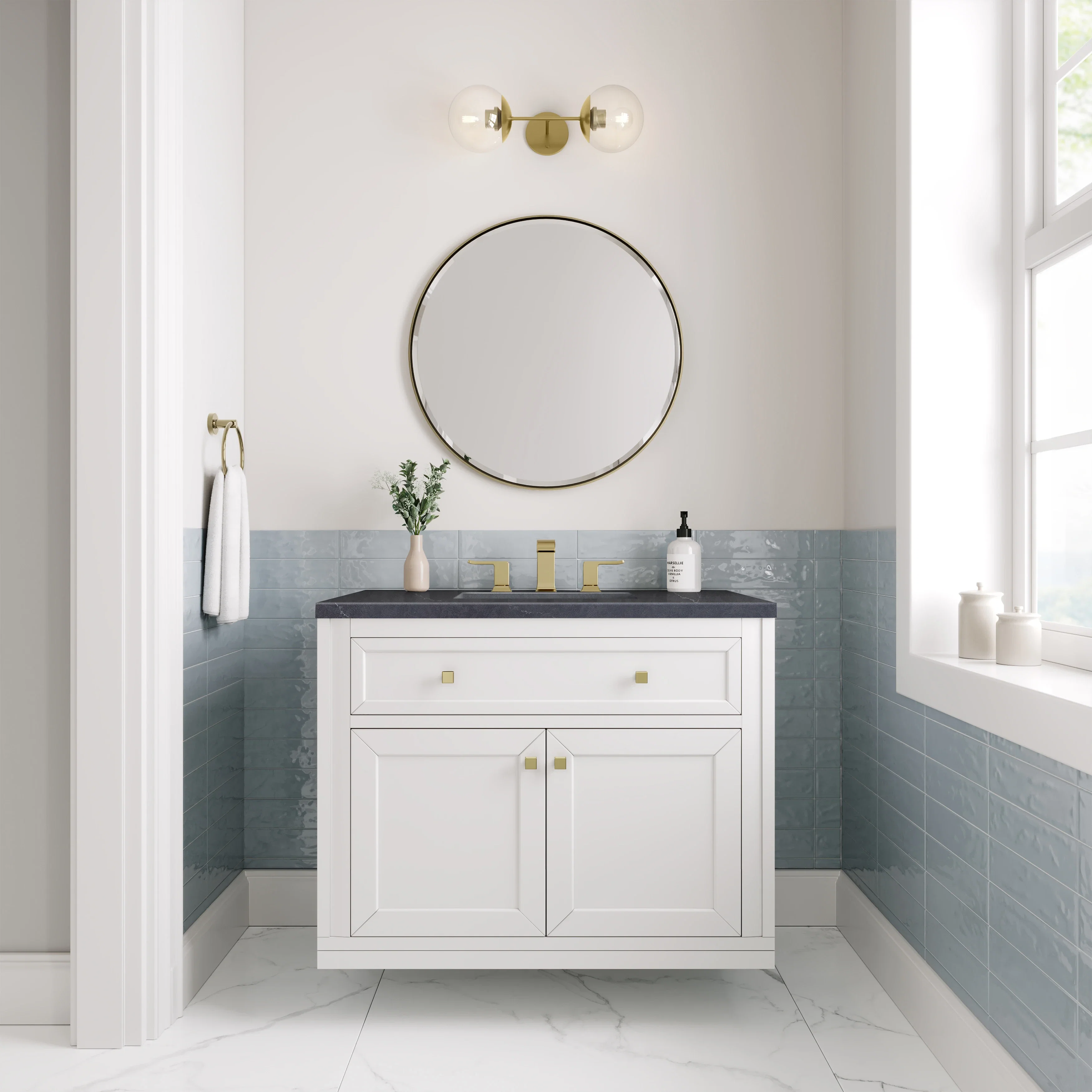 Chicago 36" Single Vanity, Glossy White, w/ 3 CM Charcoal Soapstone Silestone® Top
