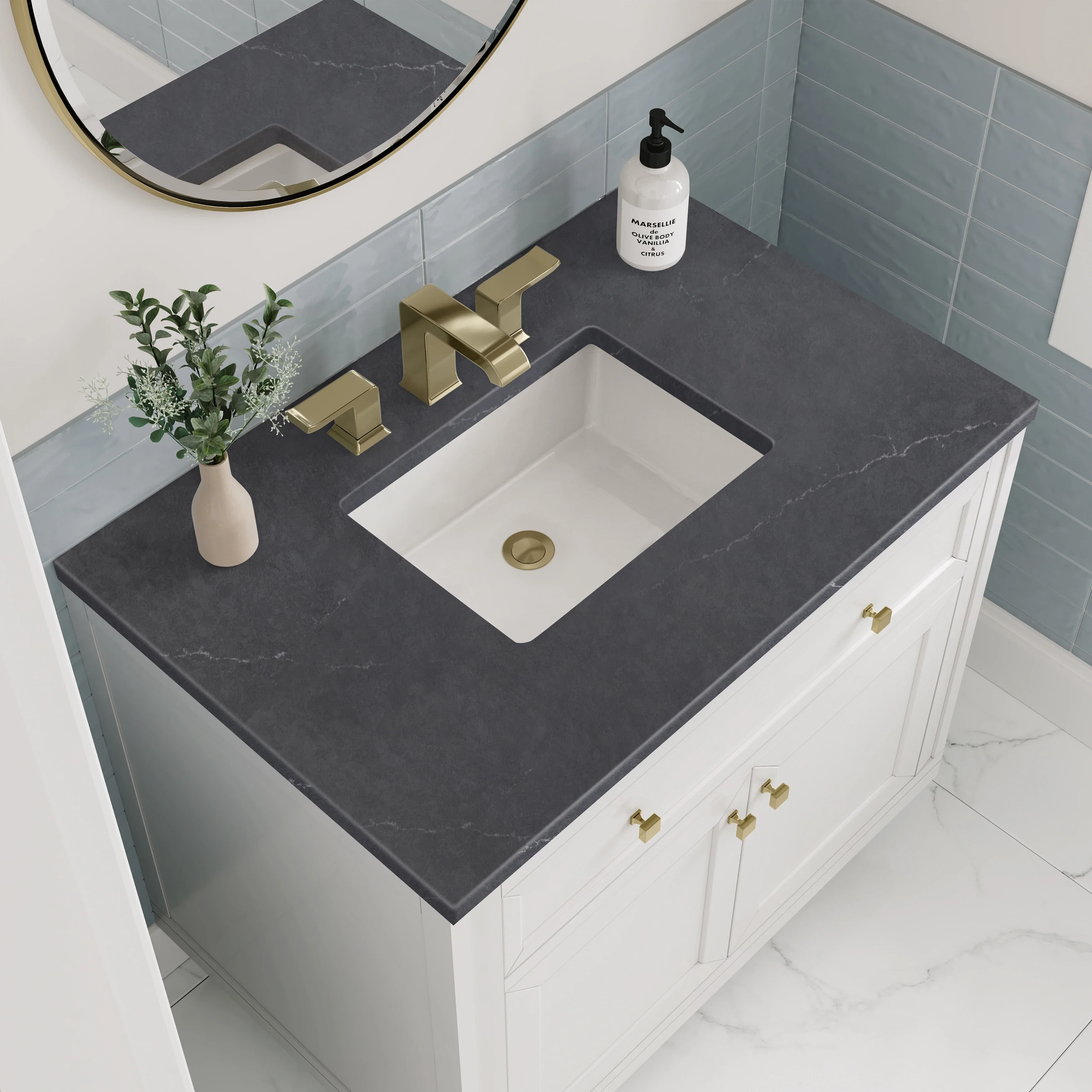 Chicago 36" Single Vanity, Glossy White, w/ 3 CM Charcoal Soapstone Silestone® Top