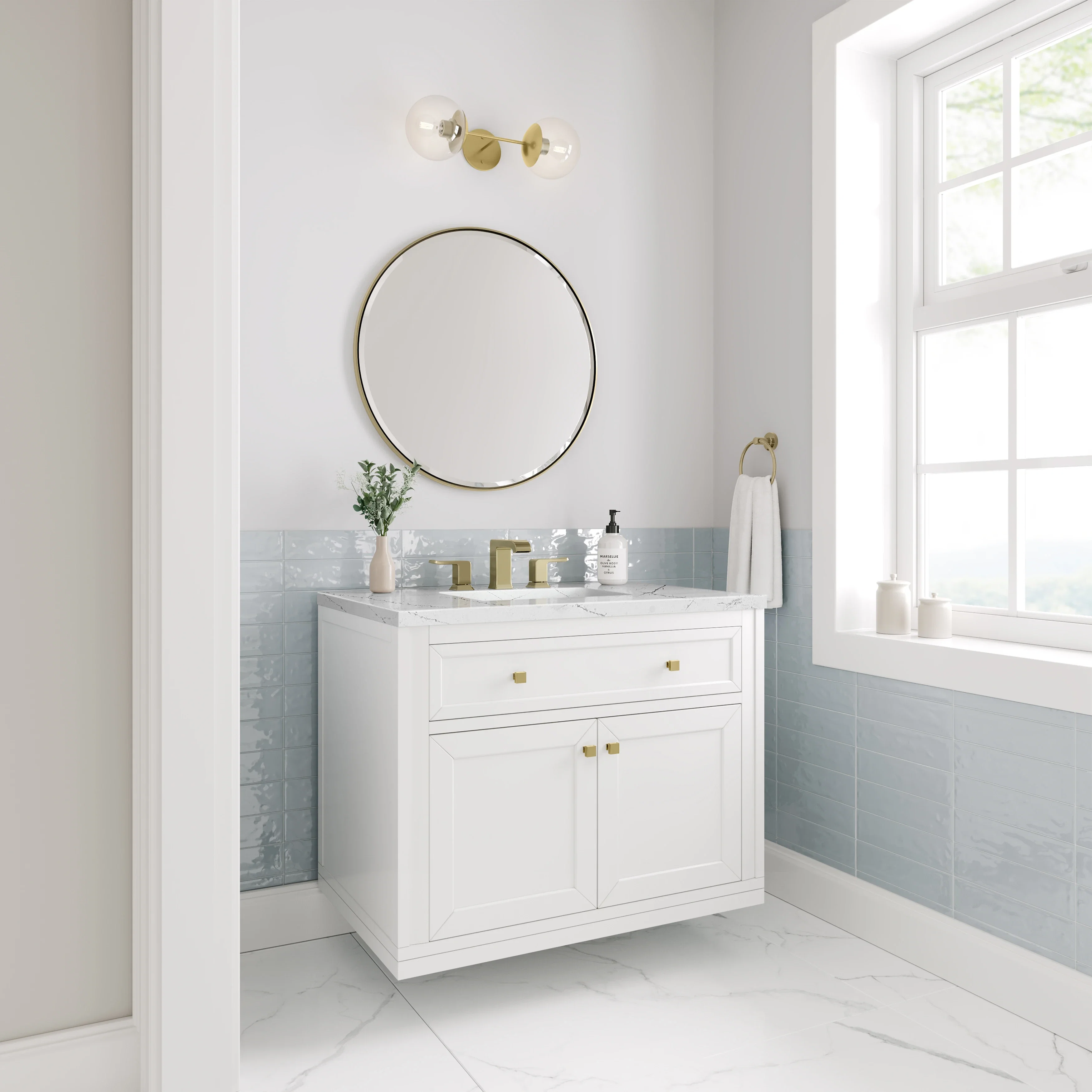 Chicago 36" Single Vanity, Glossy White, w/ 3 CM Ethereal Noctis Silestone® Top