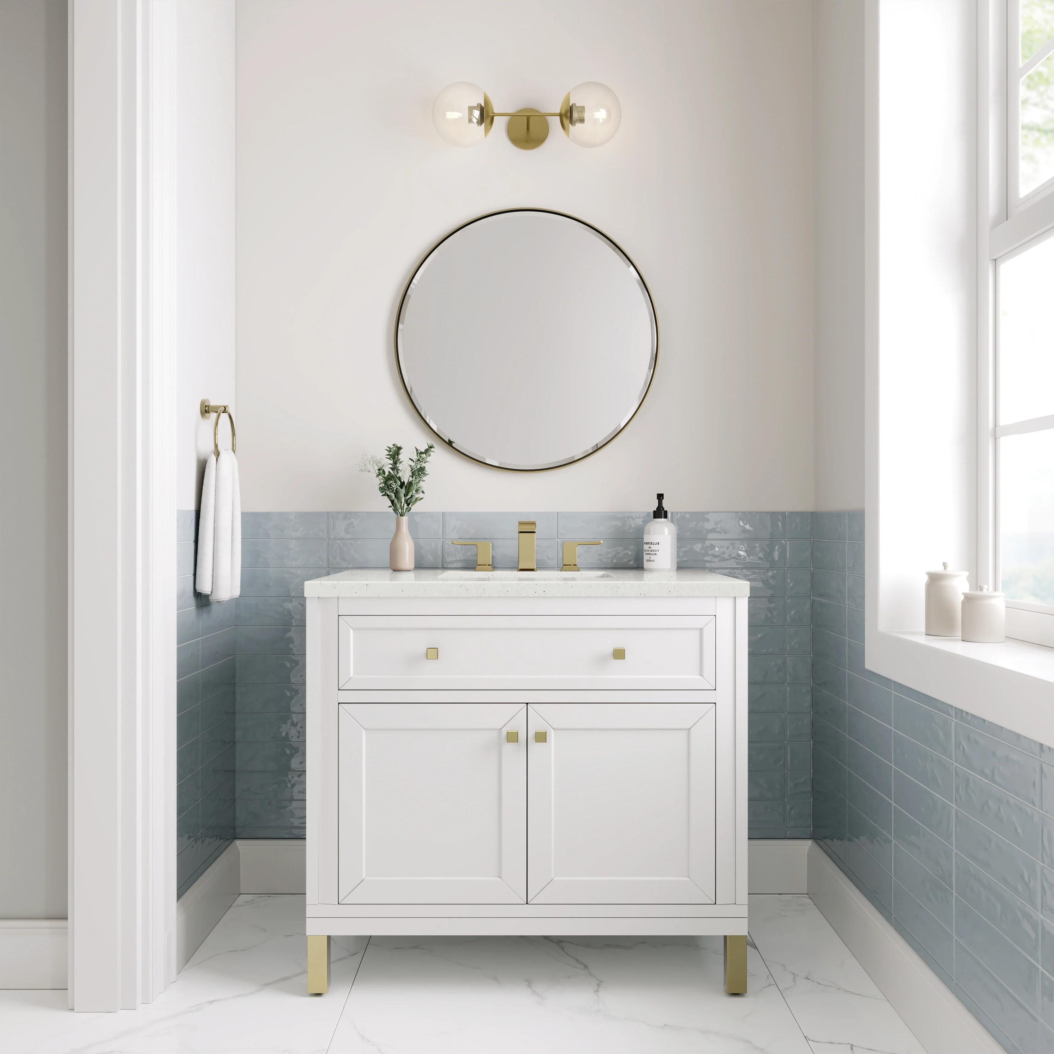 Chicago 36" Single Vanity, Glossy White, w/ 3 CM Lime Delight Silestone® Top