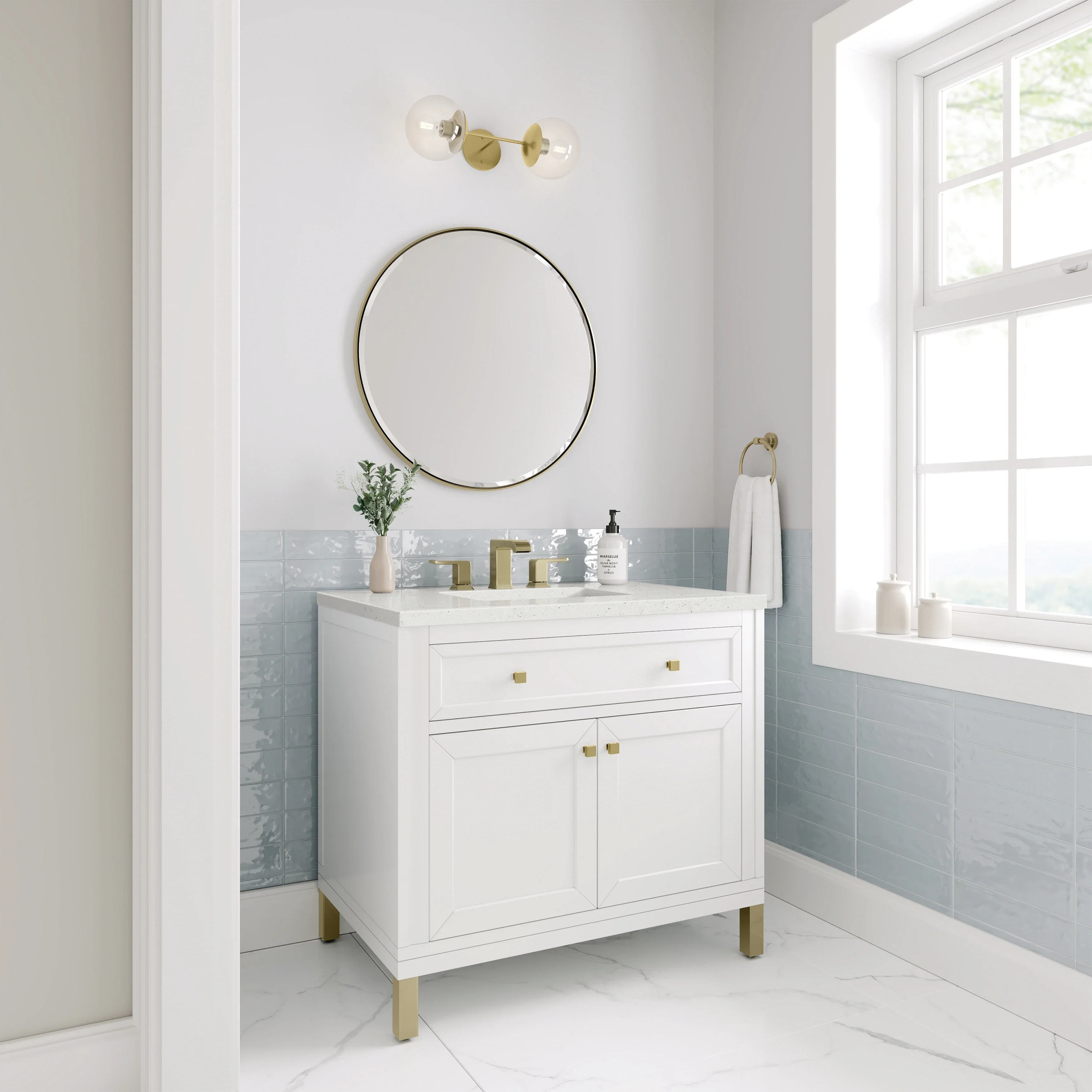 Chicago 36" Single Vanity, Glossy White, w/ 3 CM Lime Delight Silestone® Top