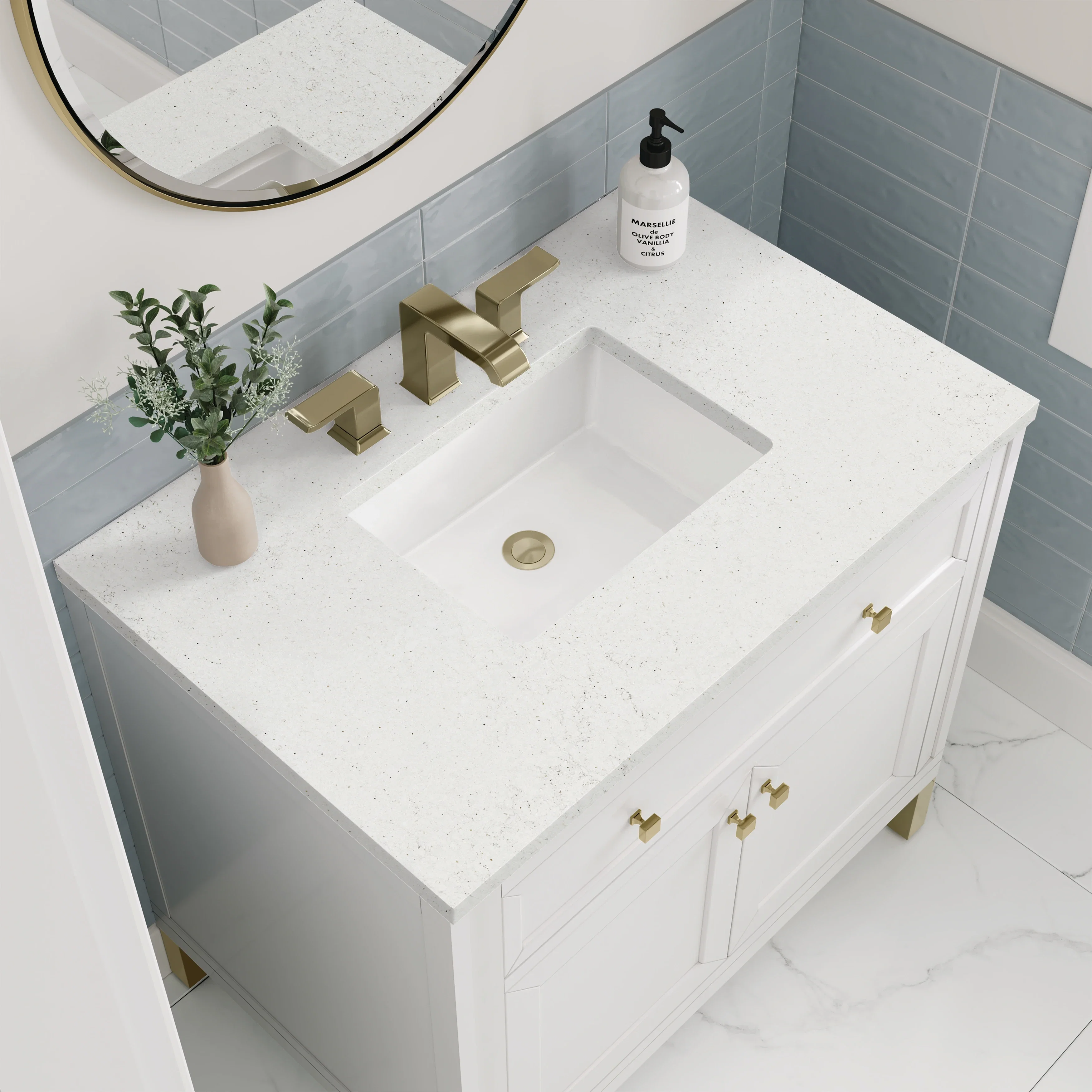 Chicago 36" Single Vanity, Glossy White, w/ 3 CM Lime Delight Silestone® Top