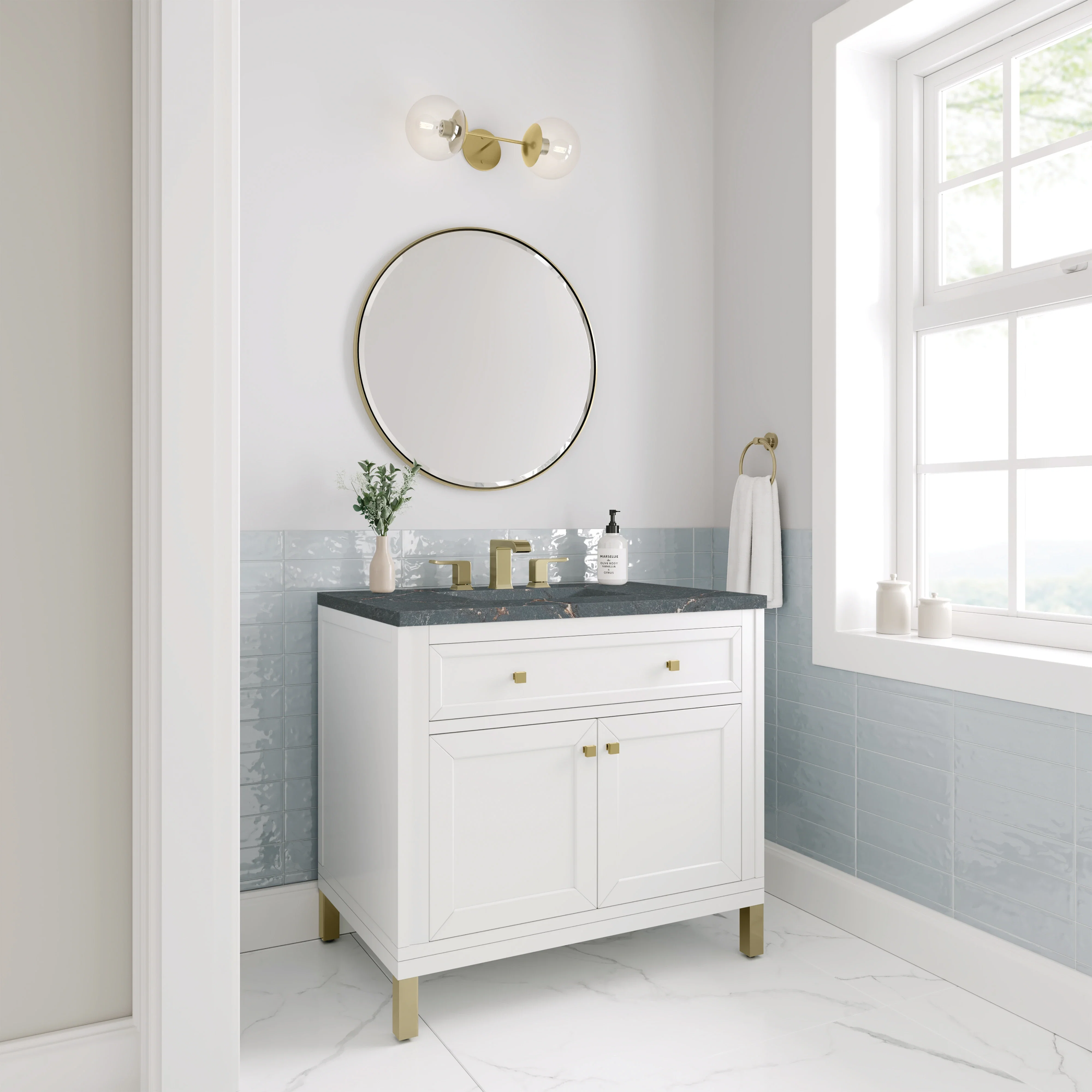 Chicago 36" Single Vanity, Glossy White, w/ 3 CM Parisien Bleu Silestone® Top
