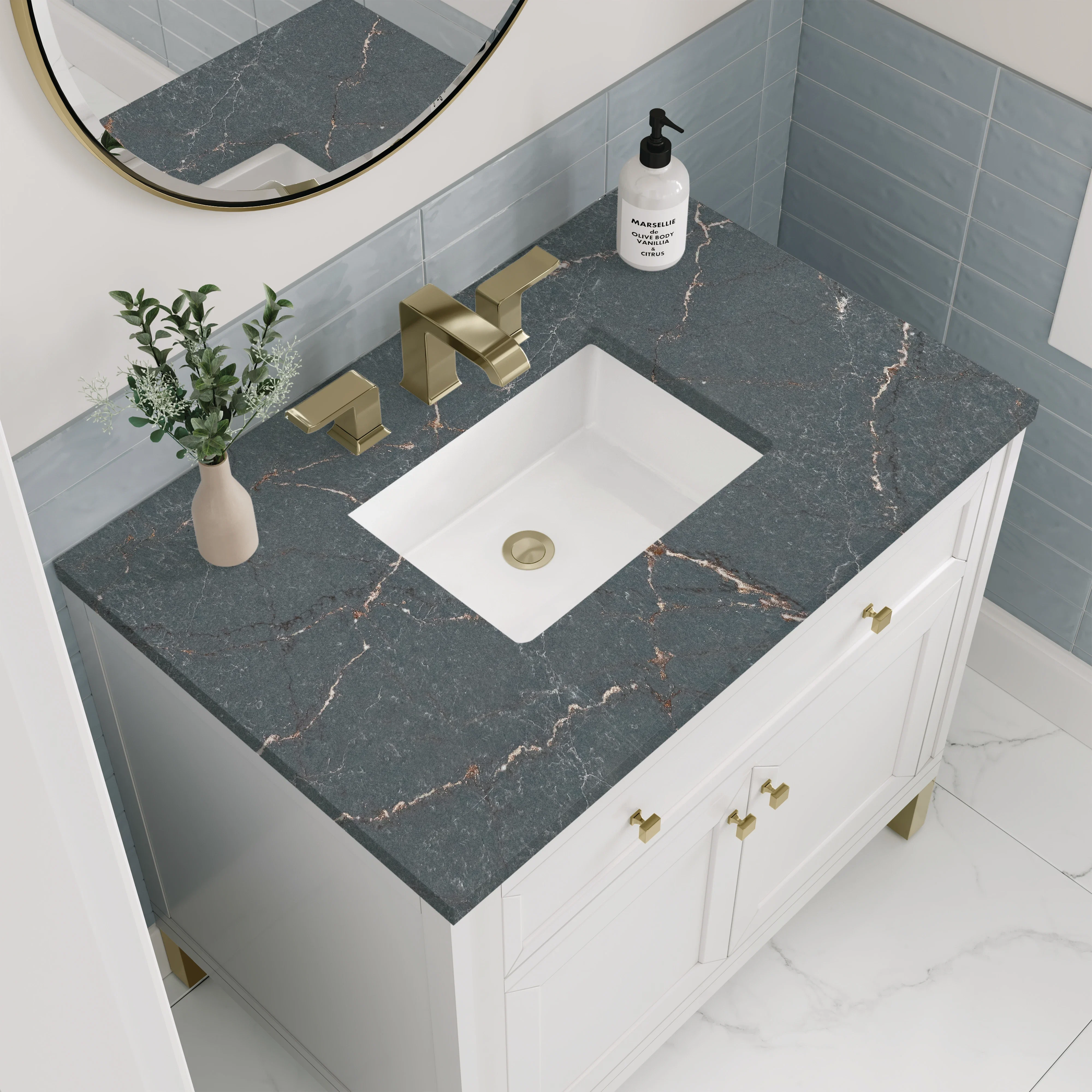 Chicago 36" Single Vanity, Glossy White, w/ 3 CM Parisien Bleu Silestone® Top