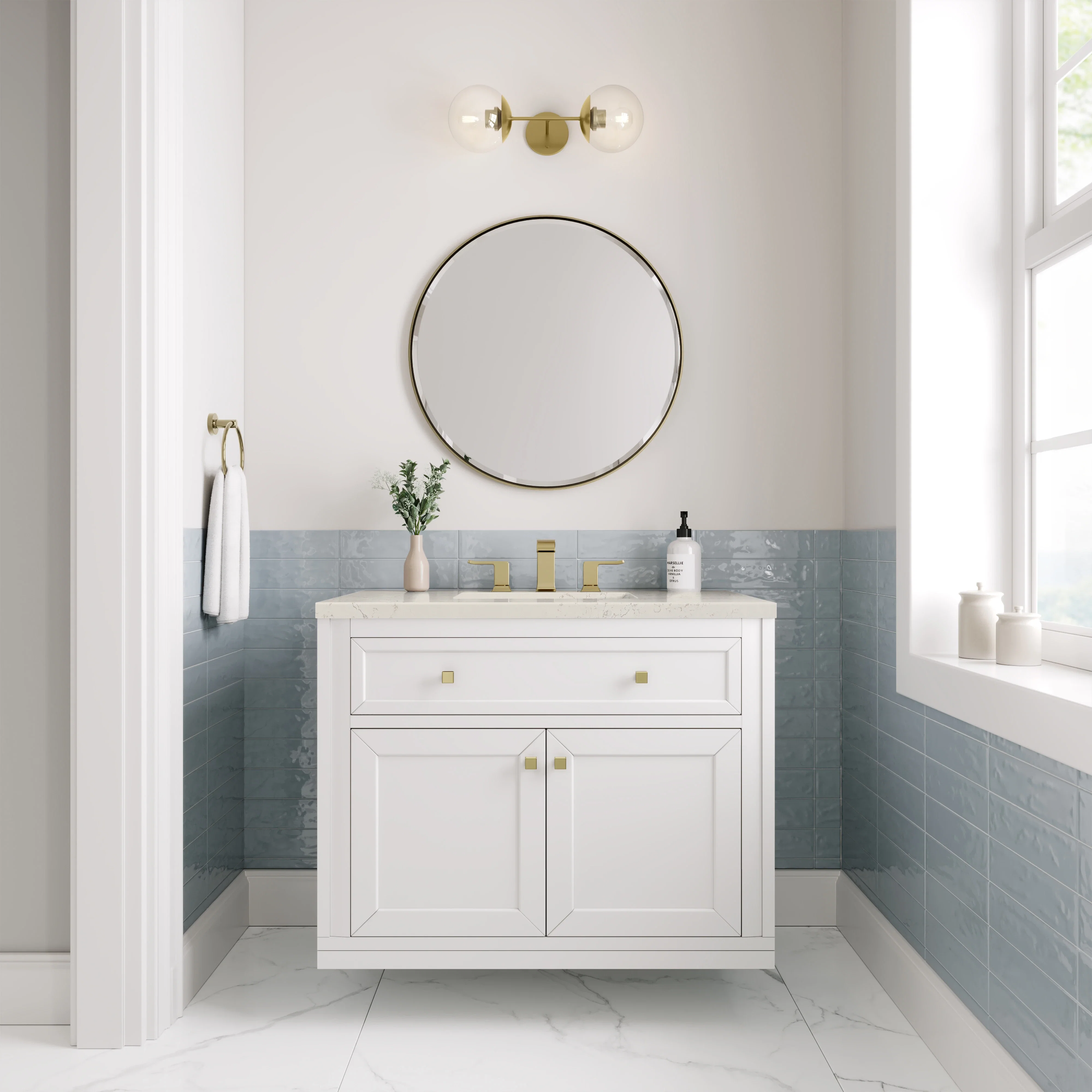 Chicago 36" Single Vanity, Glossy White, w/ 3 CM Siberian Silestone Top