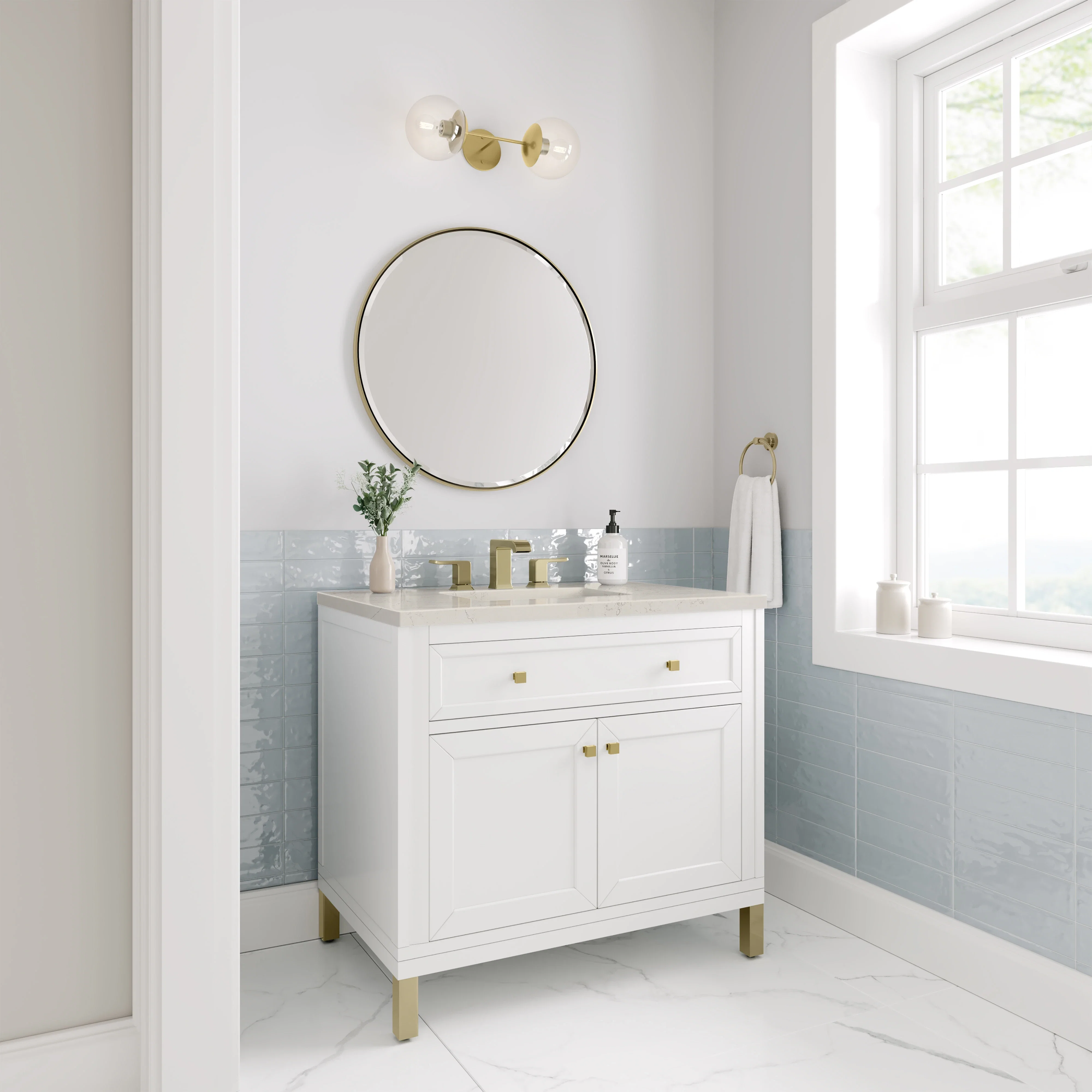 Chicago 36" Single Vanity, Glossy White, w/ 3 CM Siberian Silestone Top