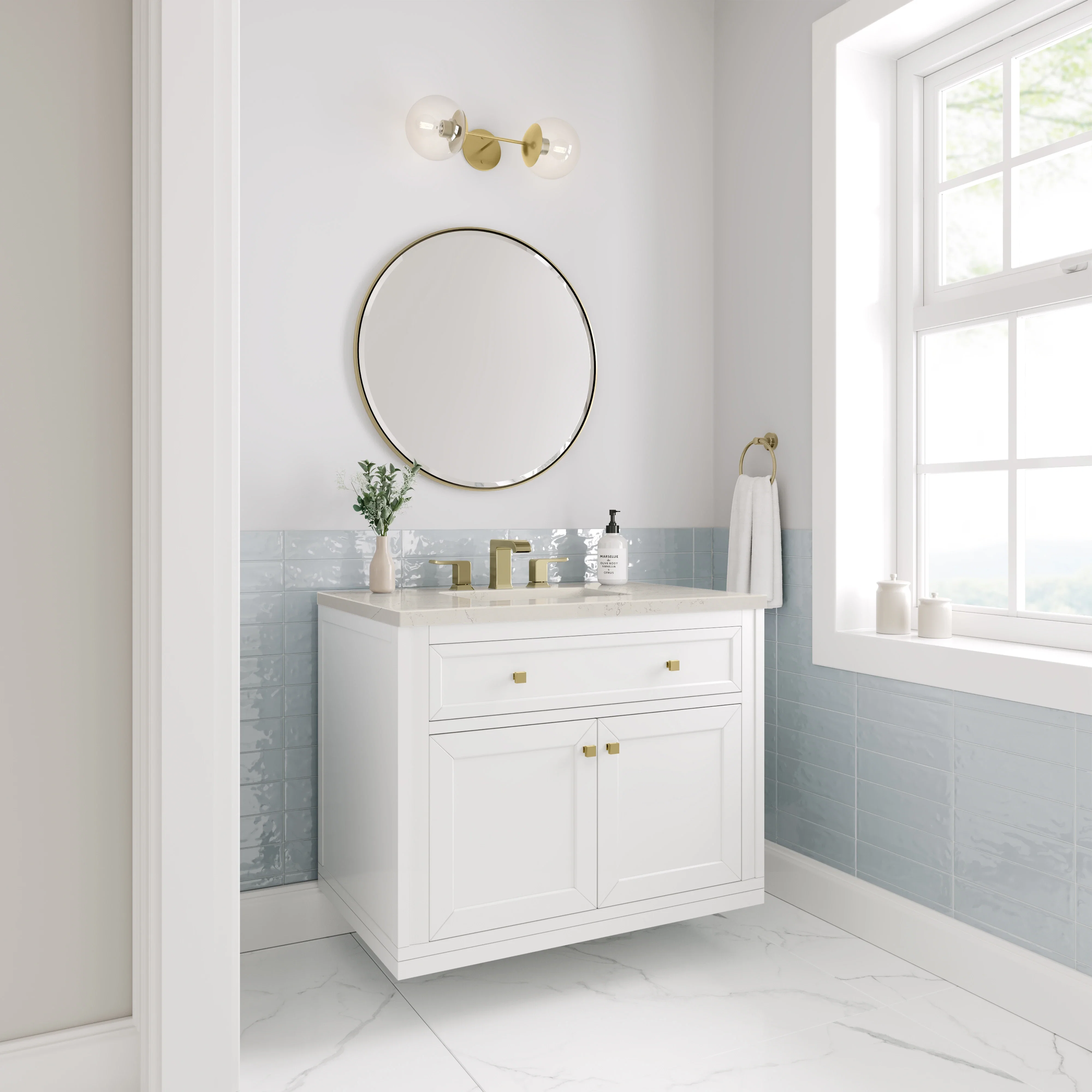 Chicago 36" Single Vanity, Glossy White, w/ 3 CM Siberian Silestone Top