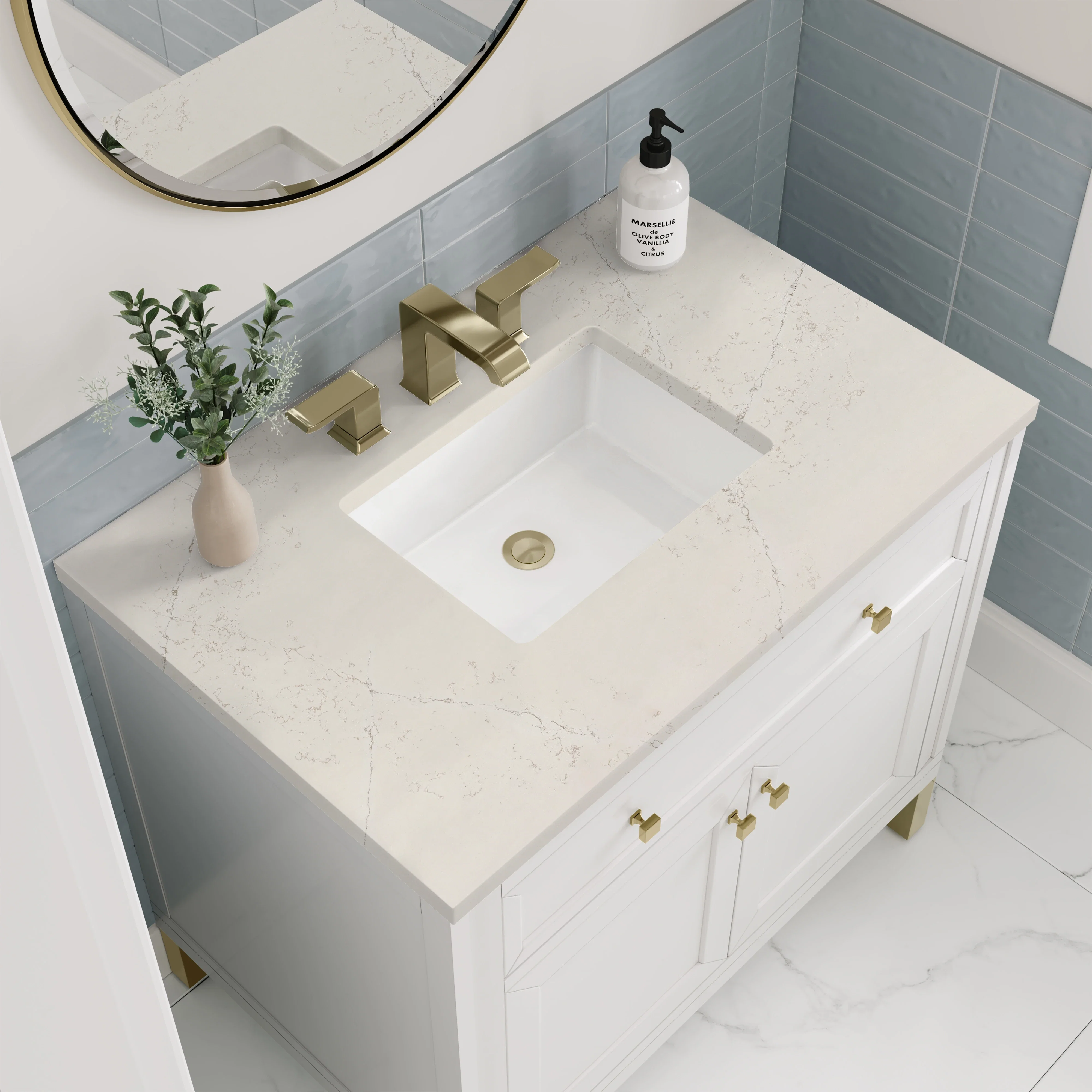 Chicago 36" Single Vanity, Glossy White, w/ 3 CM Siberian Silestone Top
