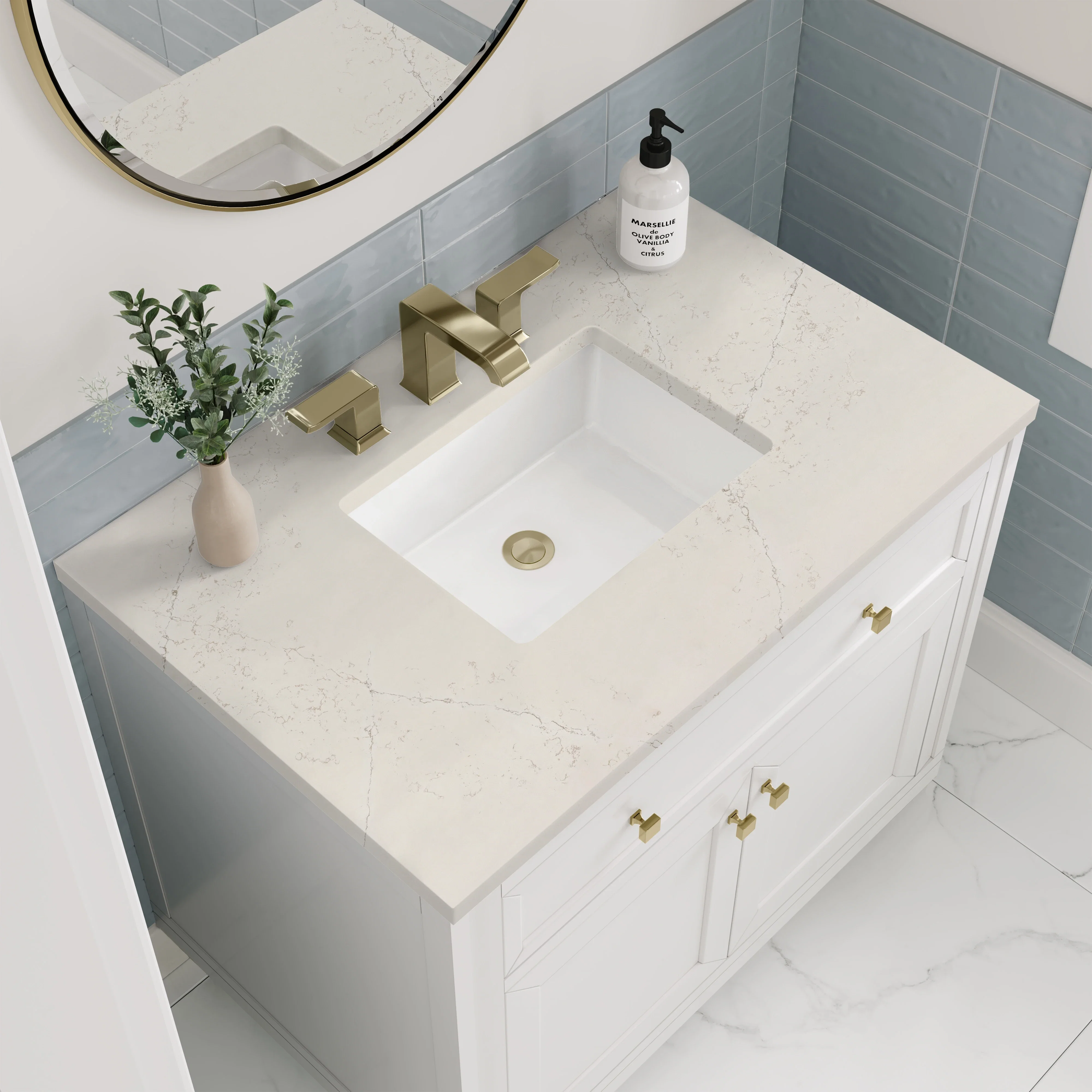Chicago 36" Single Vanity, Glossy White, w/ 3 CM Siberian Silestone Top