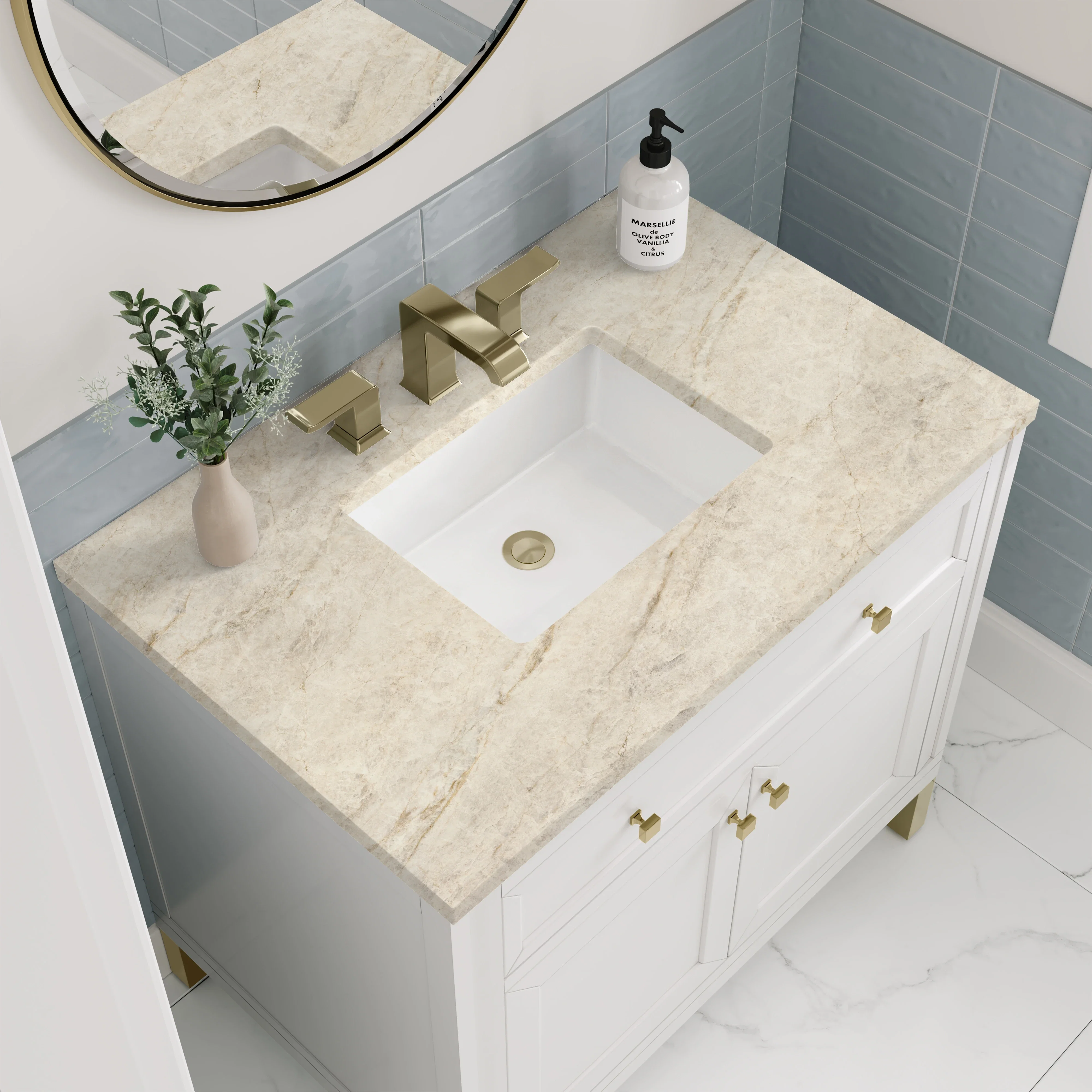 Chicago 36" Single Vanity, Glossy White, w/ 3 CM Tajnar Eclos Top