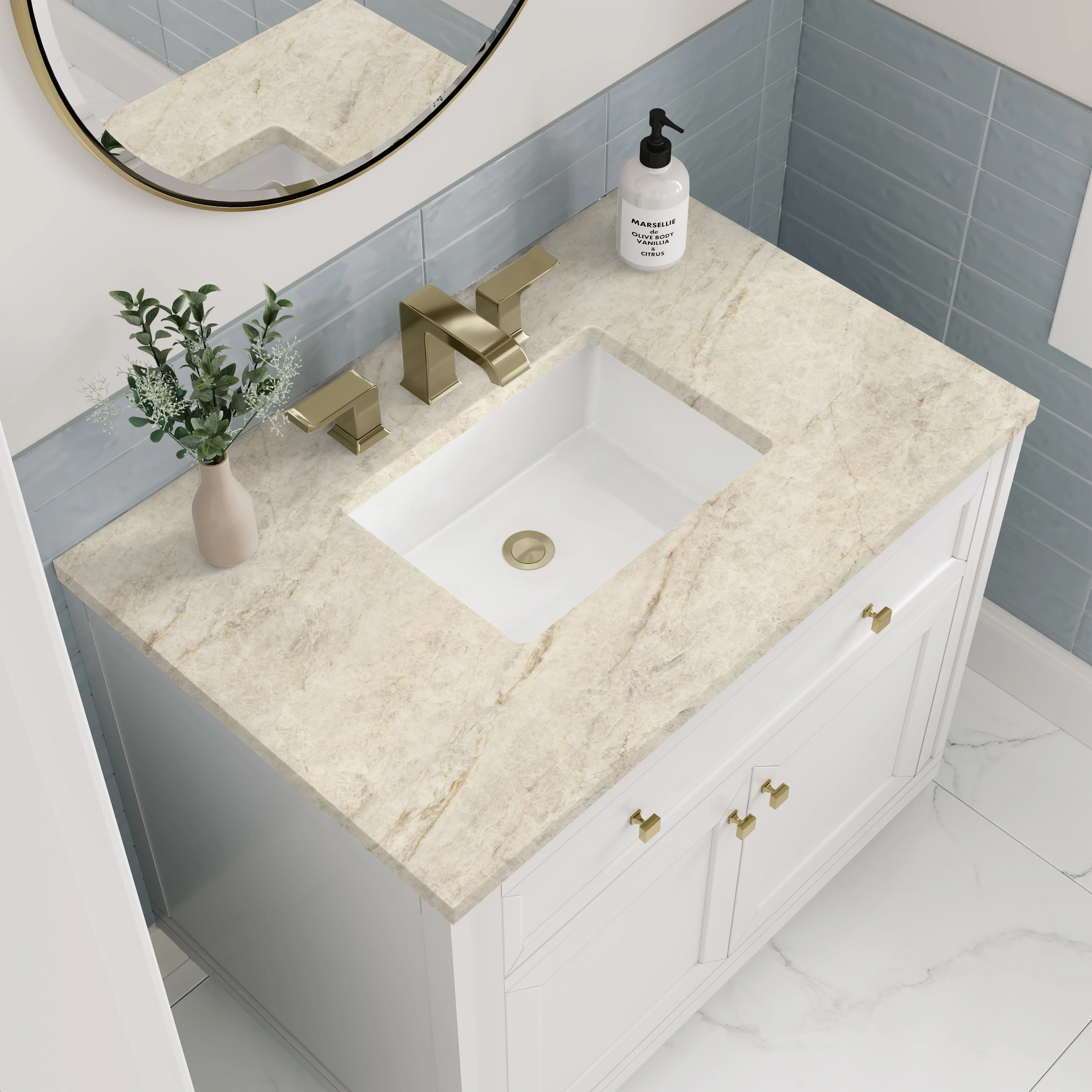 Chicago 36" Single Vanity, Glossy White, w/ 3 CM Tajnar Eclos Top