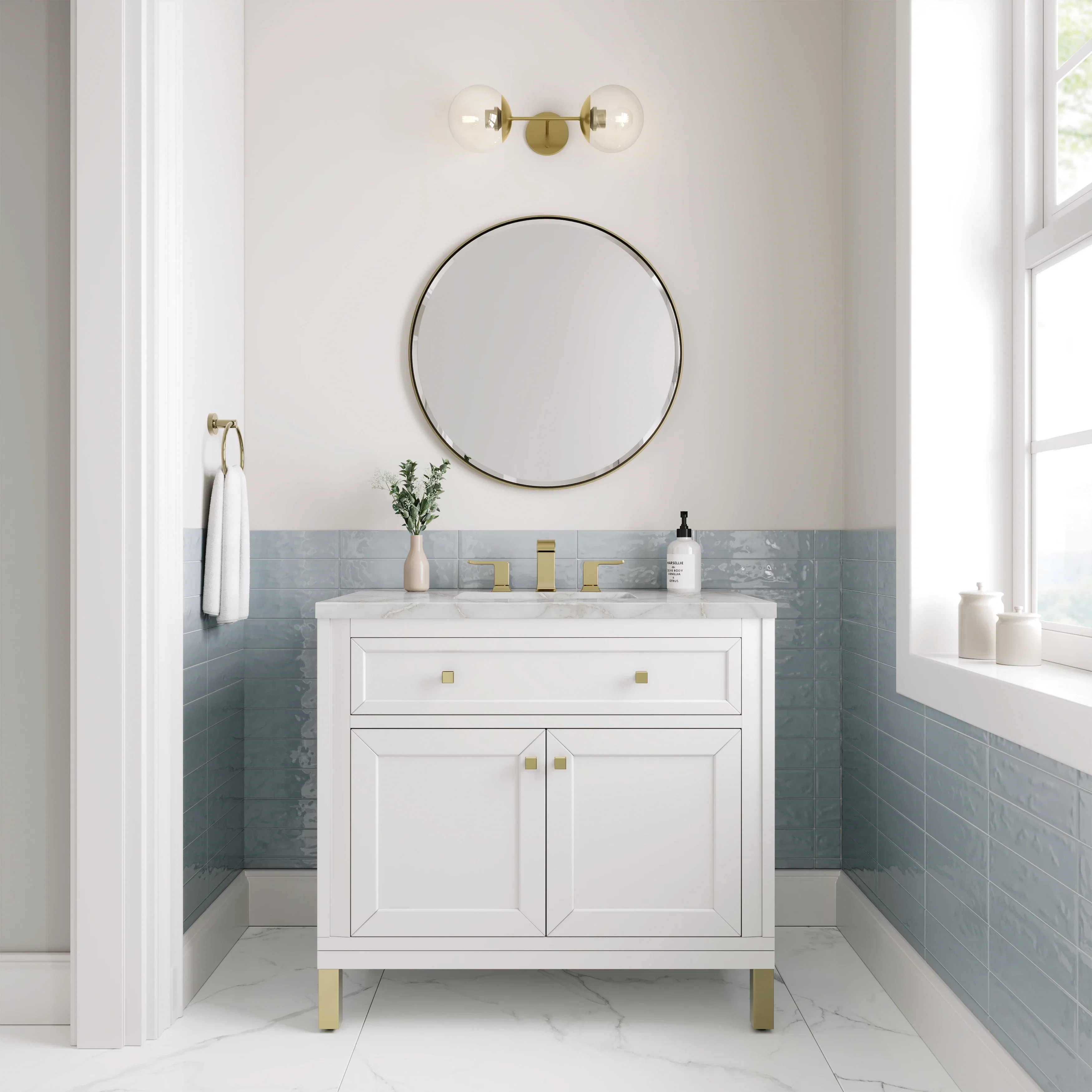 Chicago 36" Single Vanity, Glossy White, w/ 3 CM Victorian Silver Silestone® Top