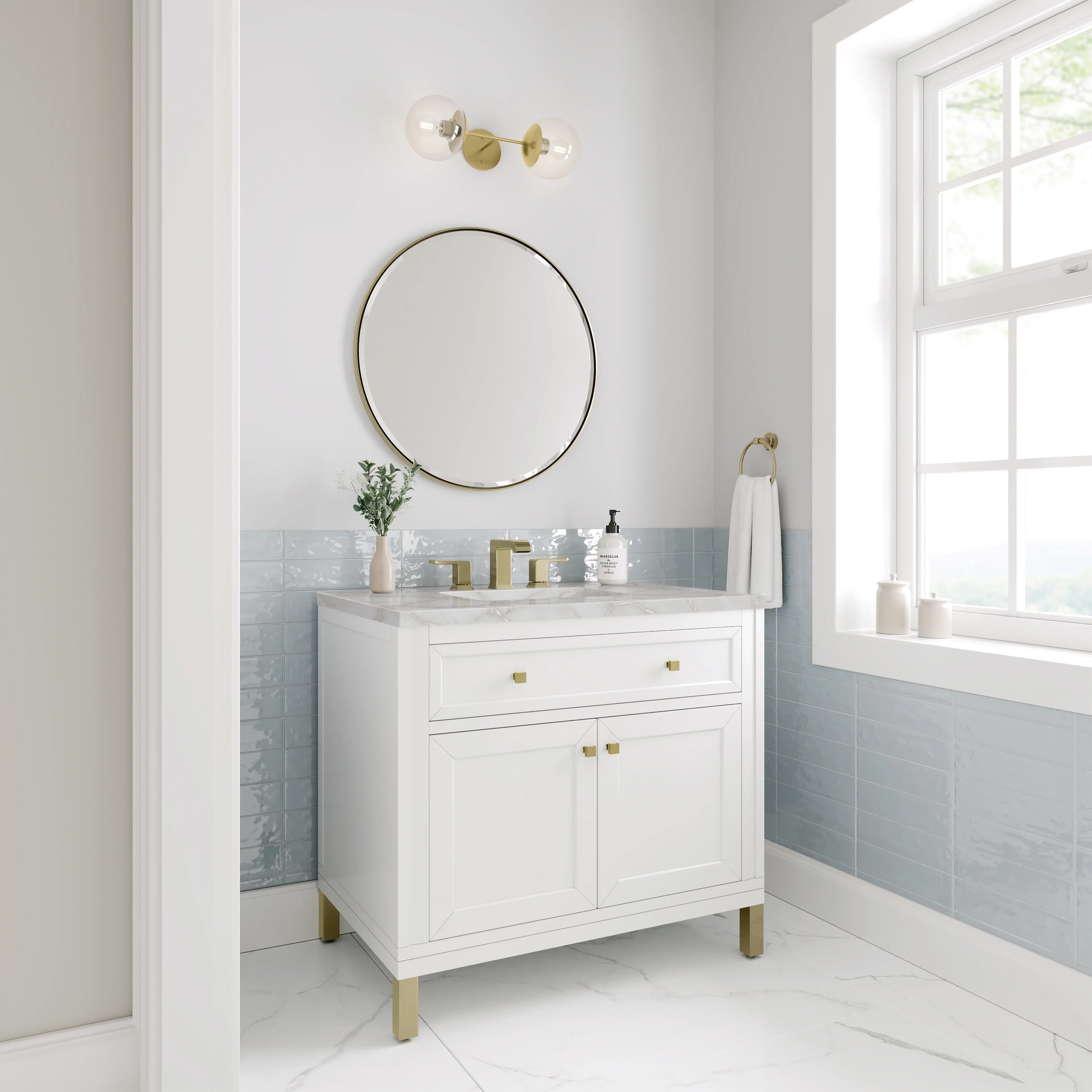 Chicago 36" Single Vanity, Glossy White, w/ 3 CM Victorian Silver Silestone® Top