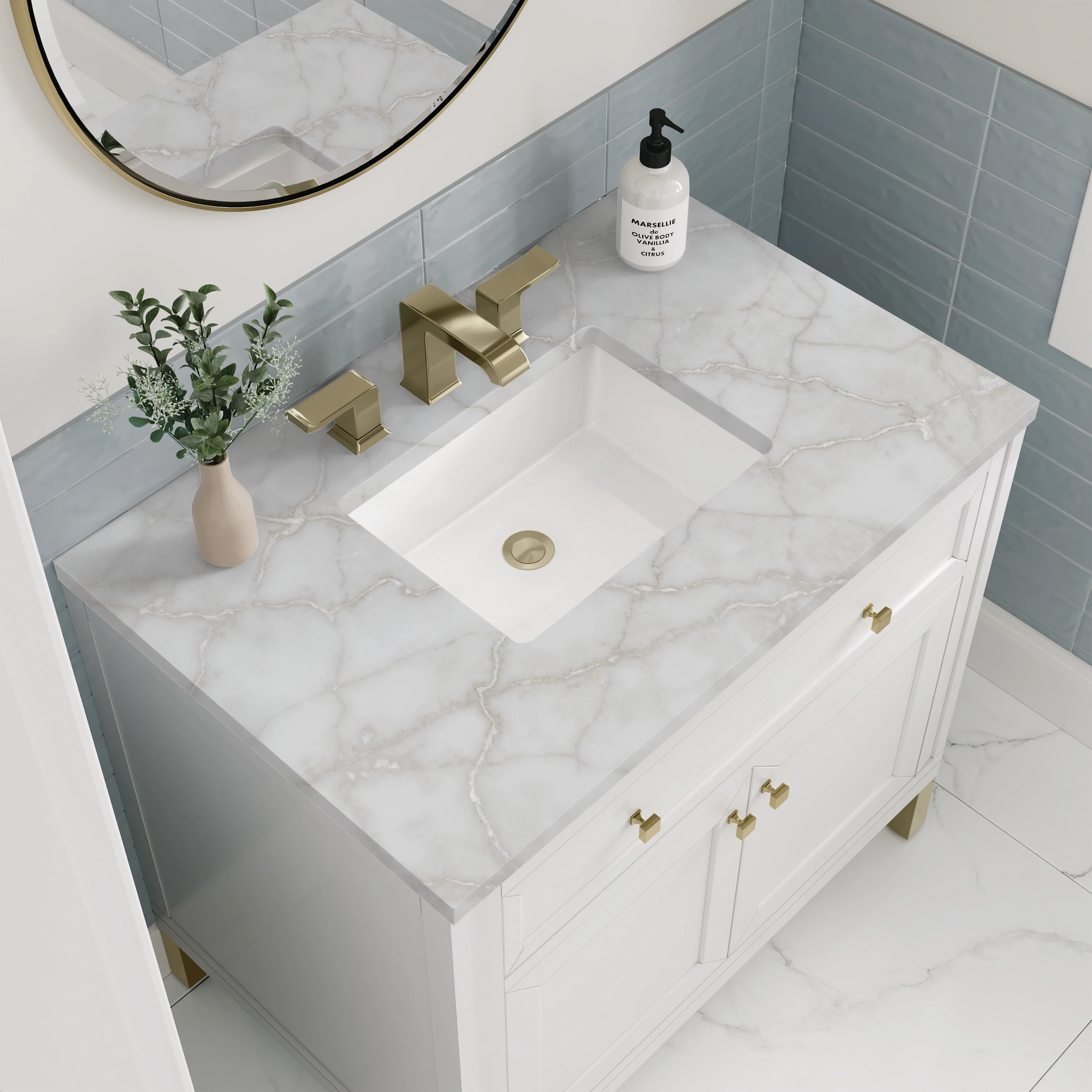 Chicago 36" Single Vanity, Glossy White, w/ 3 CM Victorian Silver Silestone® Top