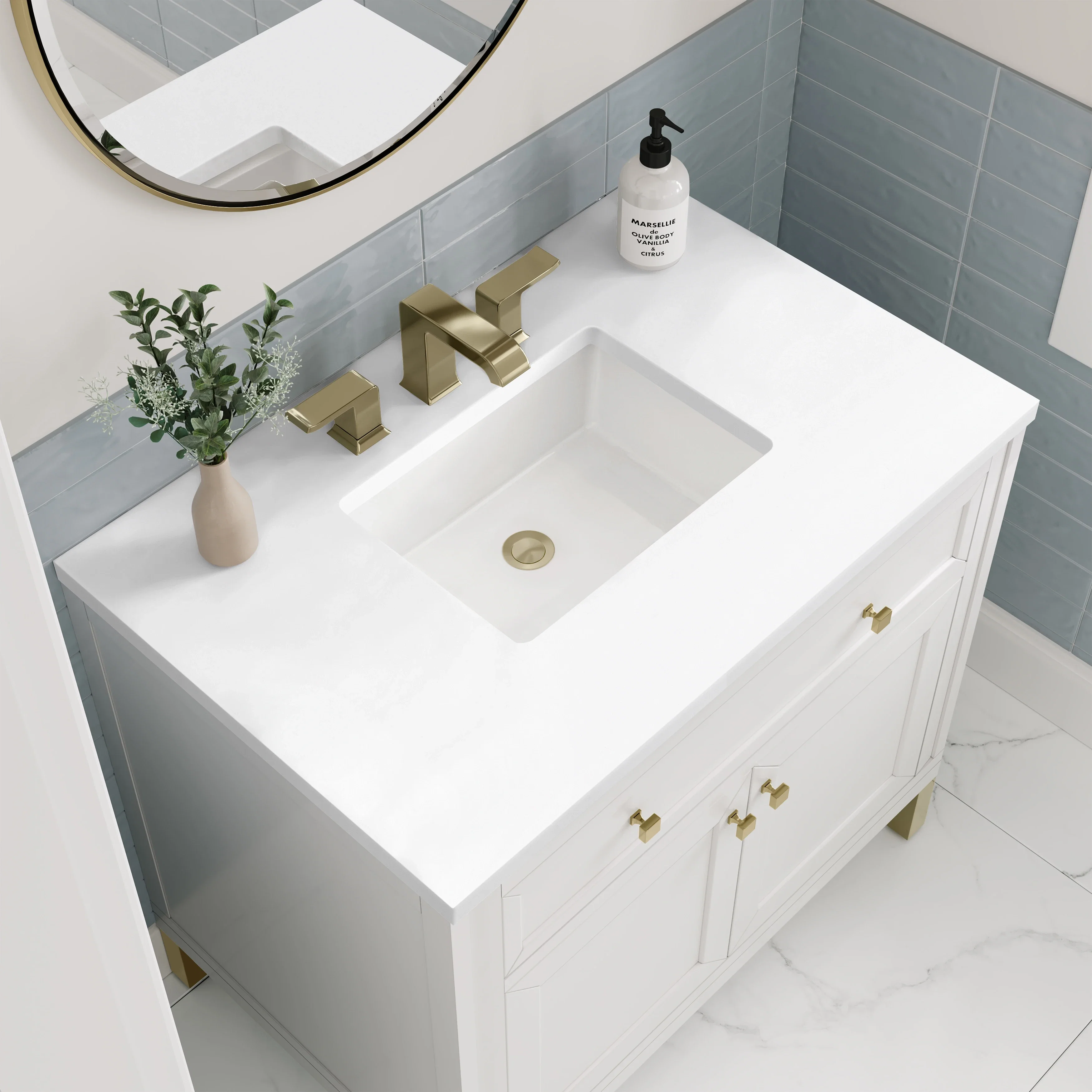 Chicago 36" Single Vanity, Glossy White, w/ 3 CM White Zeus Silestone® Top