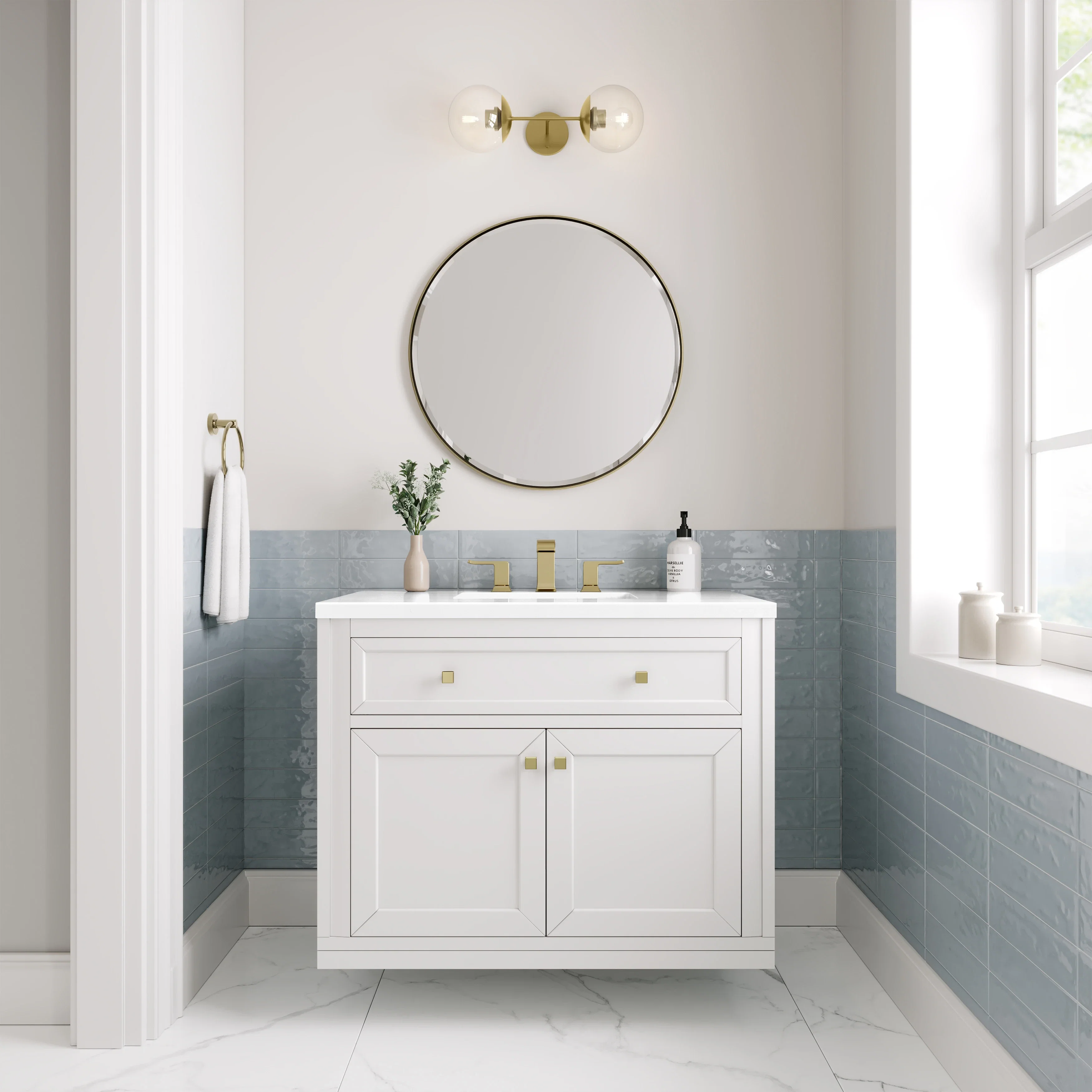 Chicago 36" Single Vanity, Glossy White, w/ 3 CM White Zeus Silestone® Top
