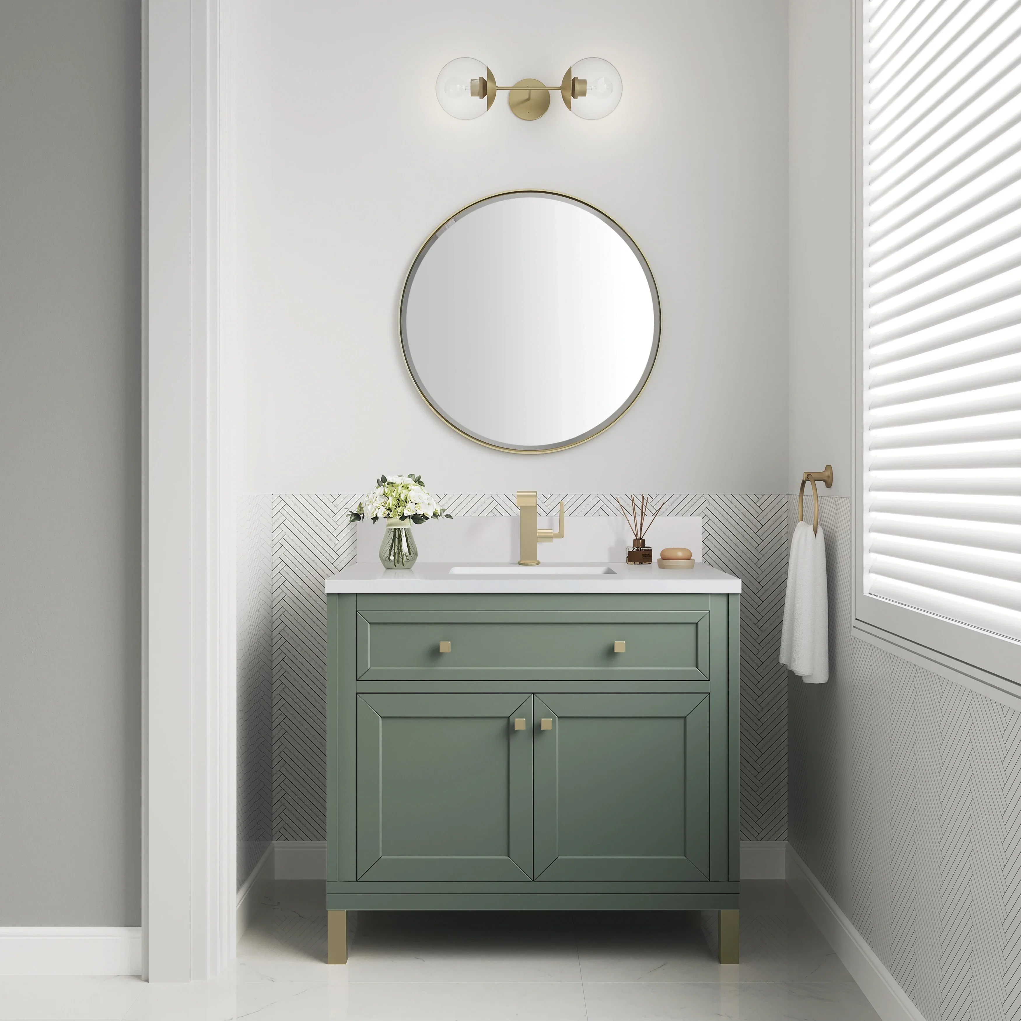 Chicago 36" Single Vanity, Smokey Celadon, w/ Single Hole 3CM White Zeus Silestone® Top & Backsplash