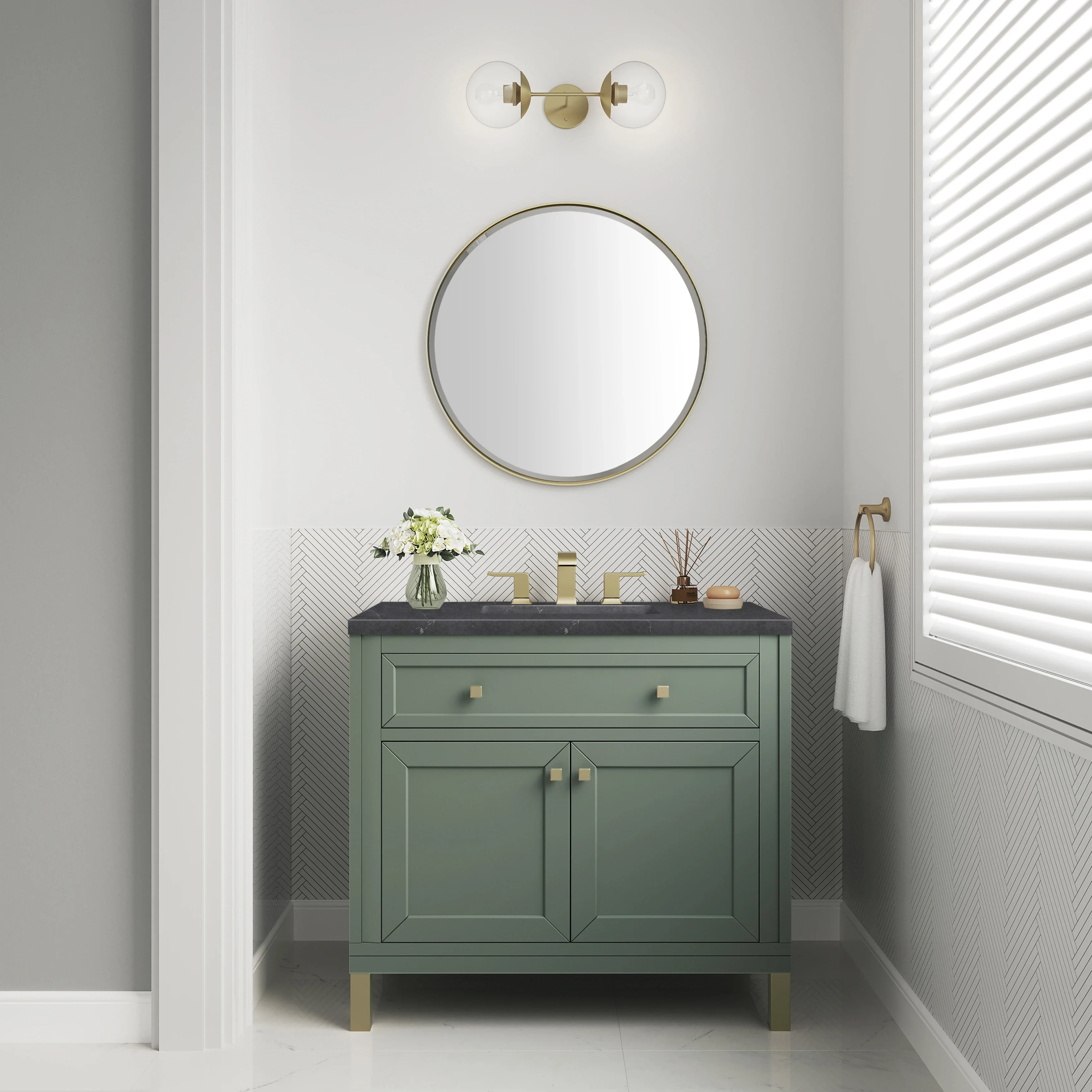 Chicago 36" Single Vanity, Smokey Celadon, w/ 3 CM Charcoal Soapstone Silestone® Top