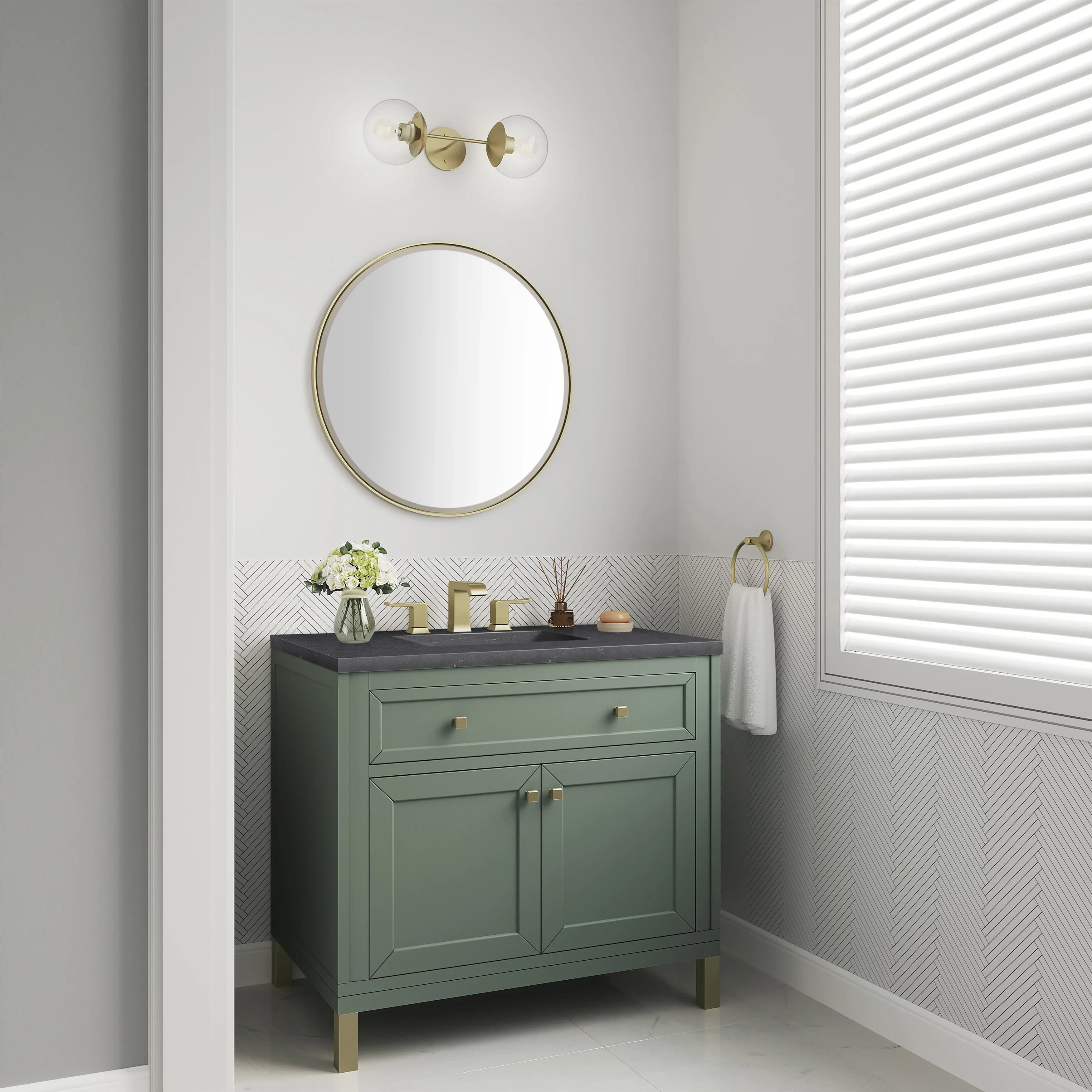 Chicago 36" Single Vanity, Smokey Celadon, w/ 3 CM Charcoal Soapstone Silestone® Top