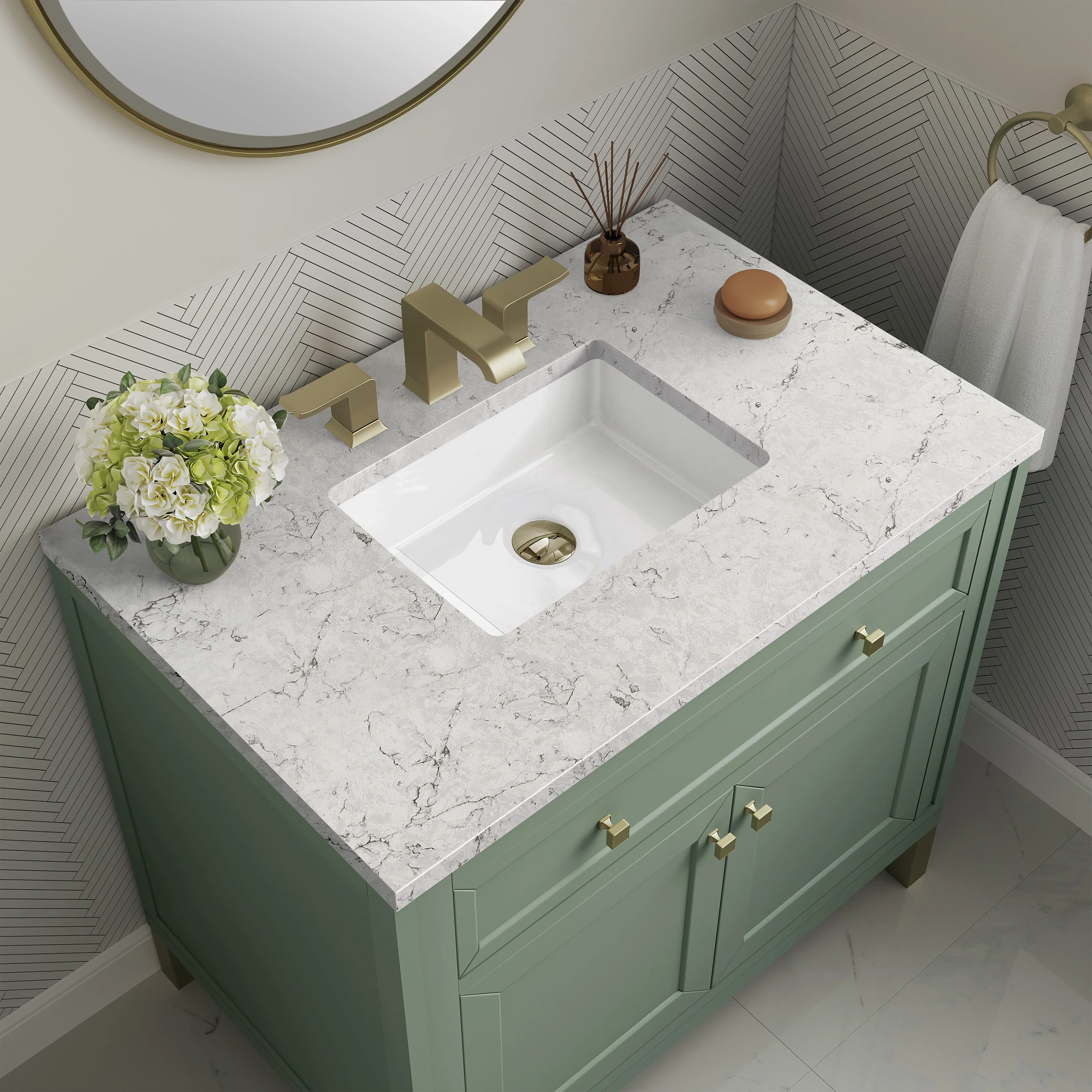 Chicago 36" Single Vanity, Smokey Celadon, w/ 3 CM Eternal Jasmine Pearl Silestone® Top