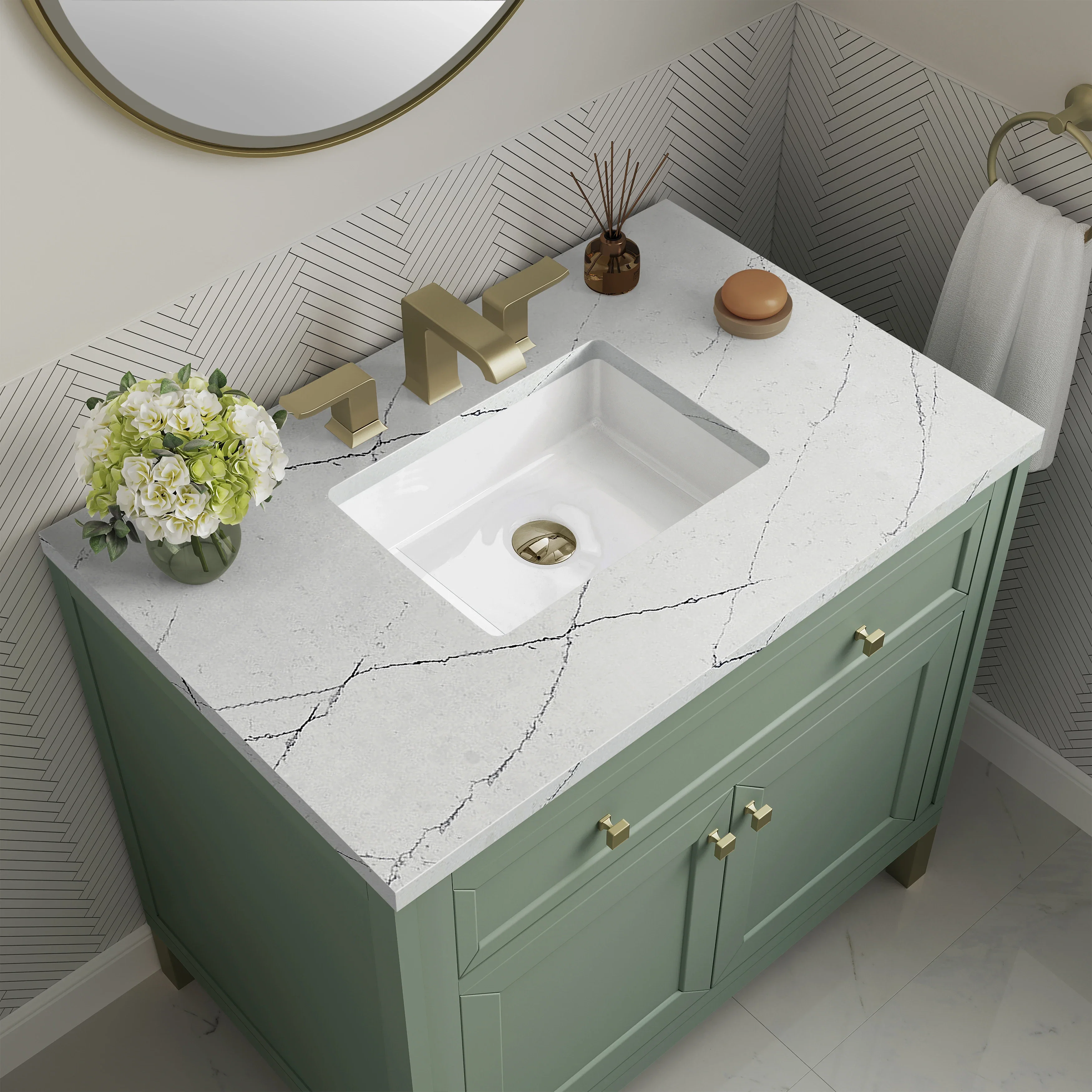 Chicago 36" Single Vanity, Smokey Celadon, w/ 3 CM Ethereal Noctis Silestone® Top