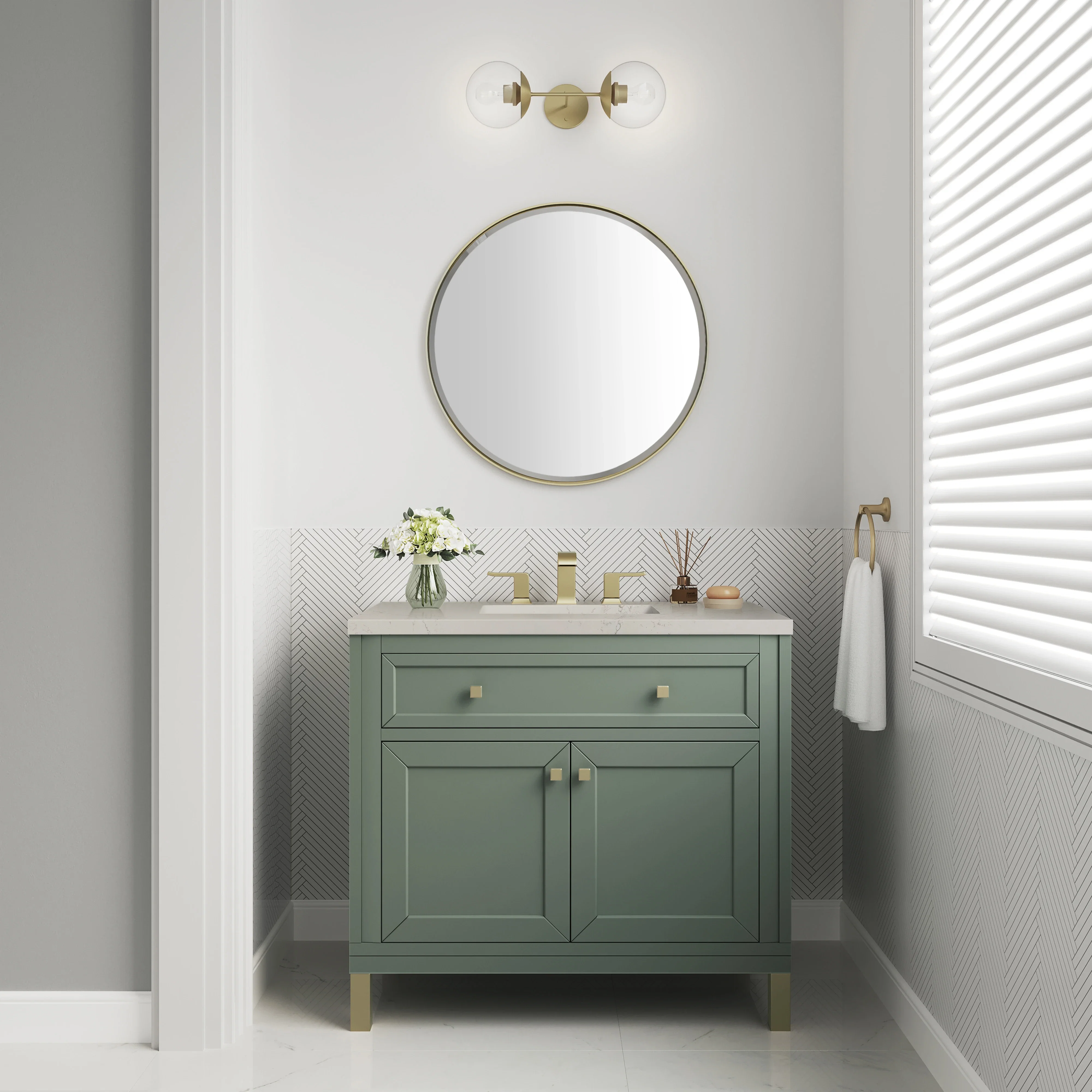 Chicago 36" Single Vanity, Smokey Celadon, w/ 3 CM Siberian Silestone Top