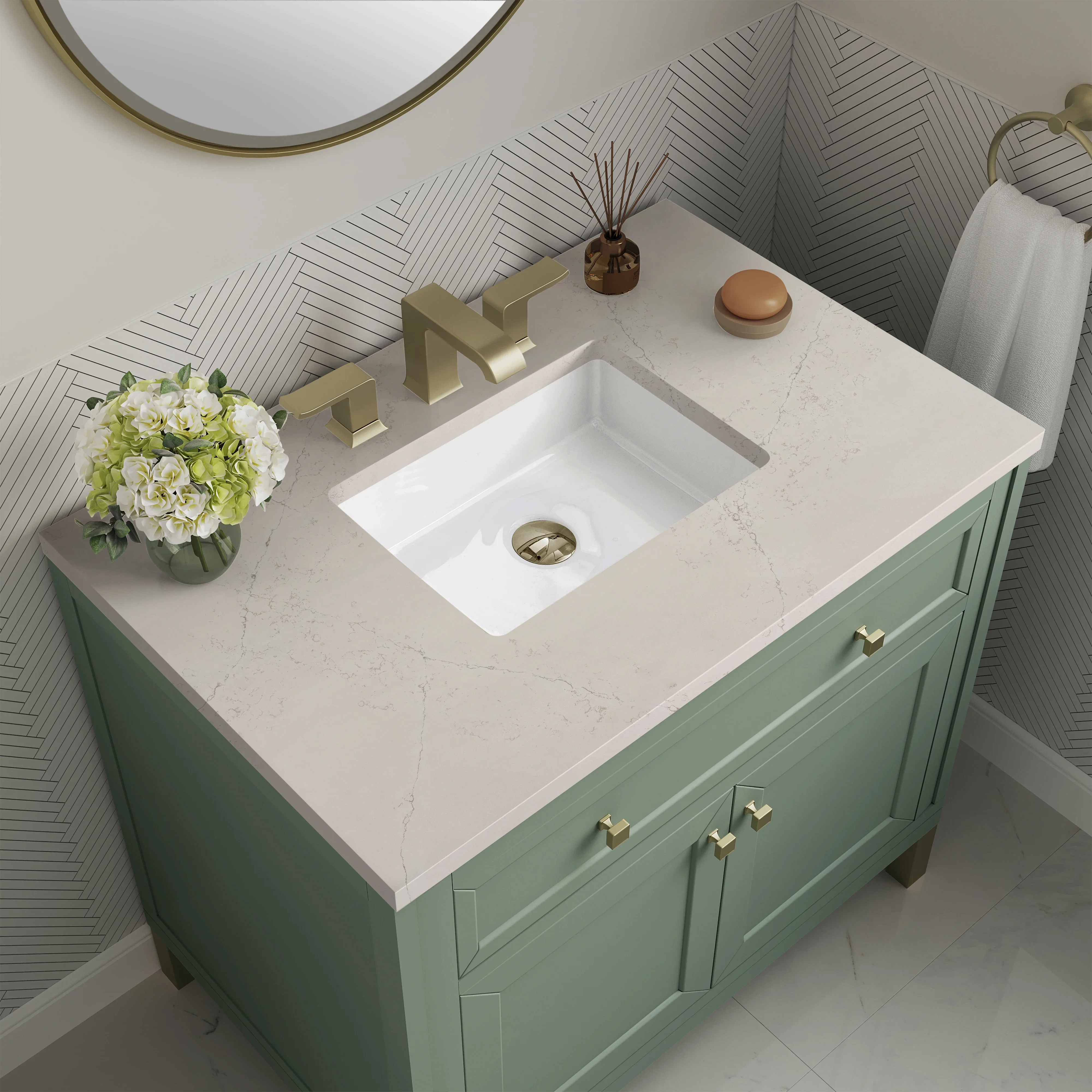 Chicago 36" Single Vanity, Smokey Celadon, w/ 3 CM Siberian Silestone Top