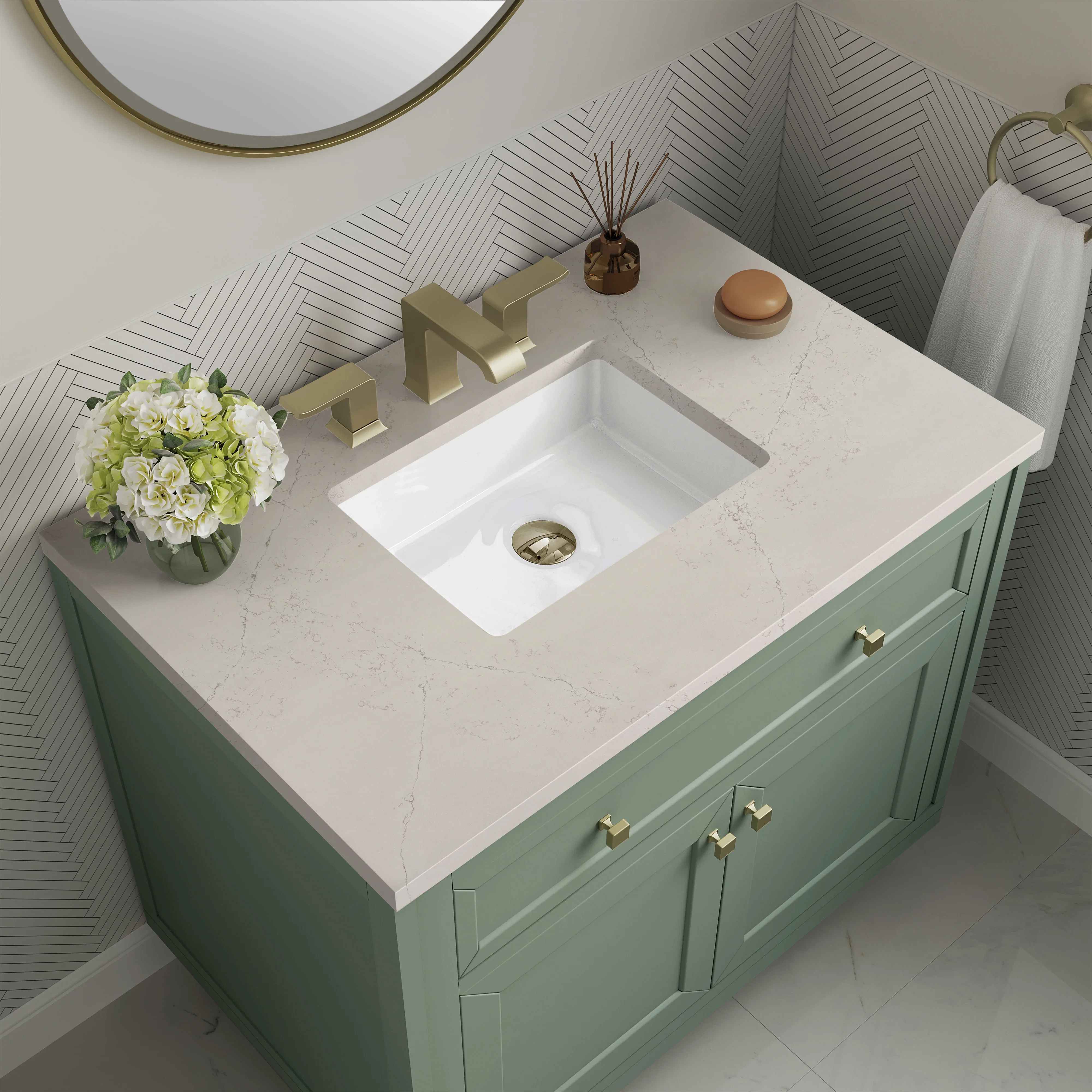 Chicago 36" Single Vanity, Smokey Celadon, w/ 3 CM Siberian Silestone Top
