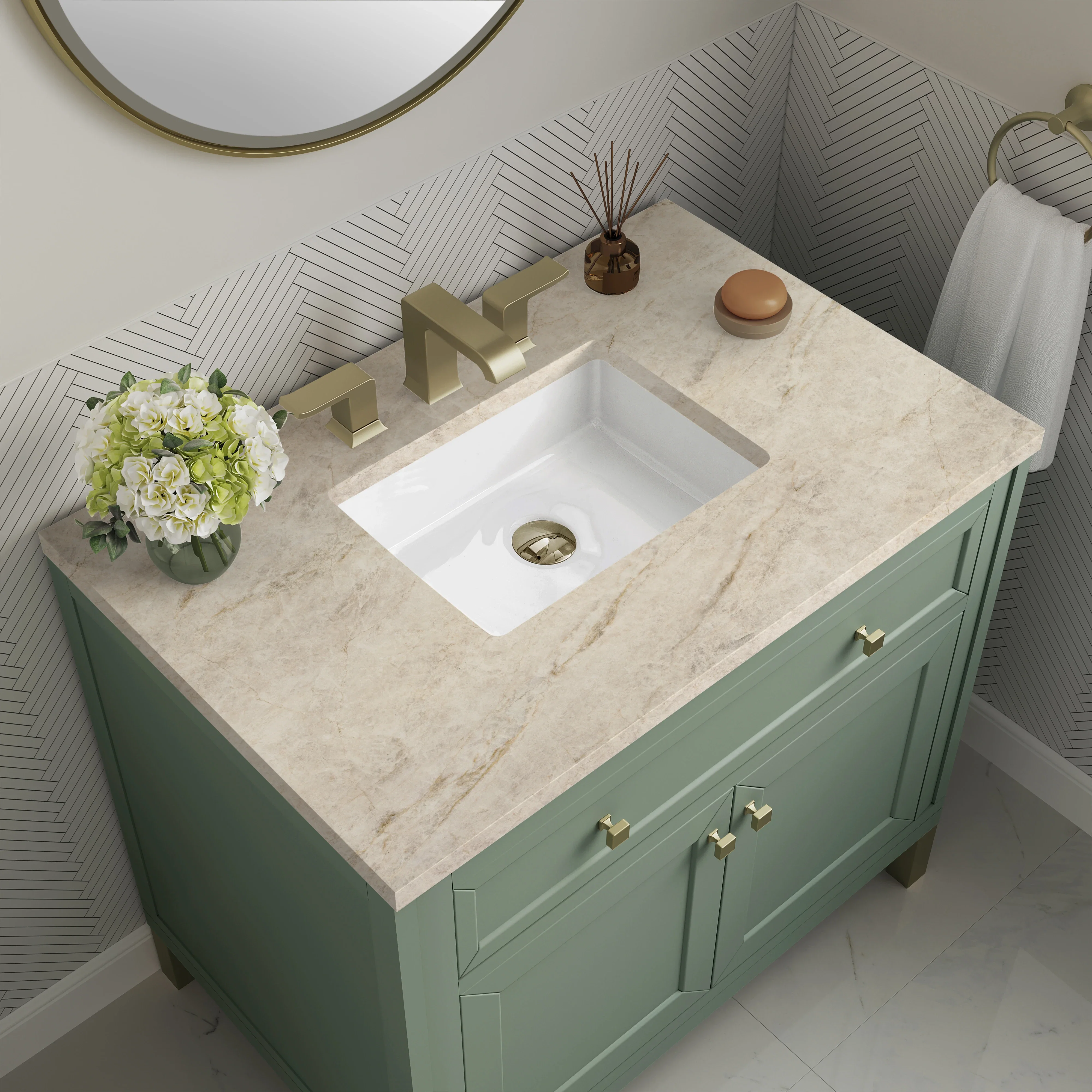 Chicago 36" Single Vanity, Smokey Celadon, w/ 3 CM Tajnar Eclos Top