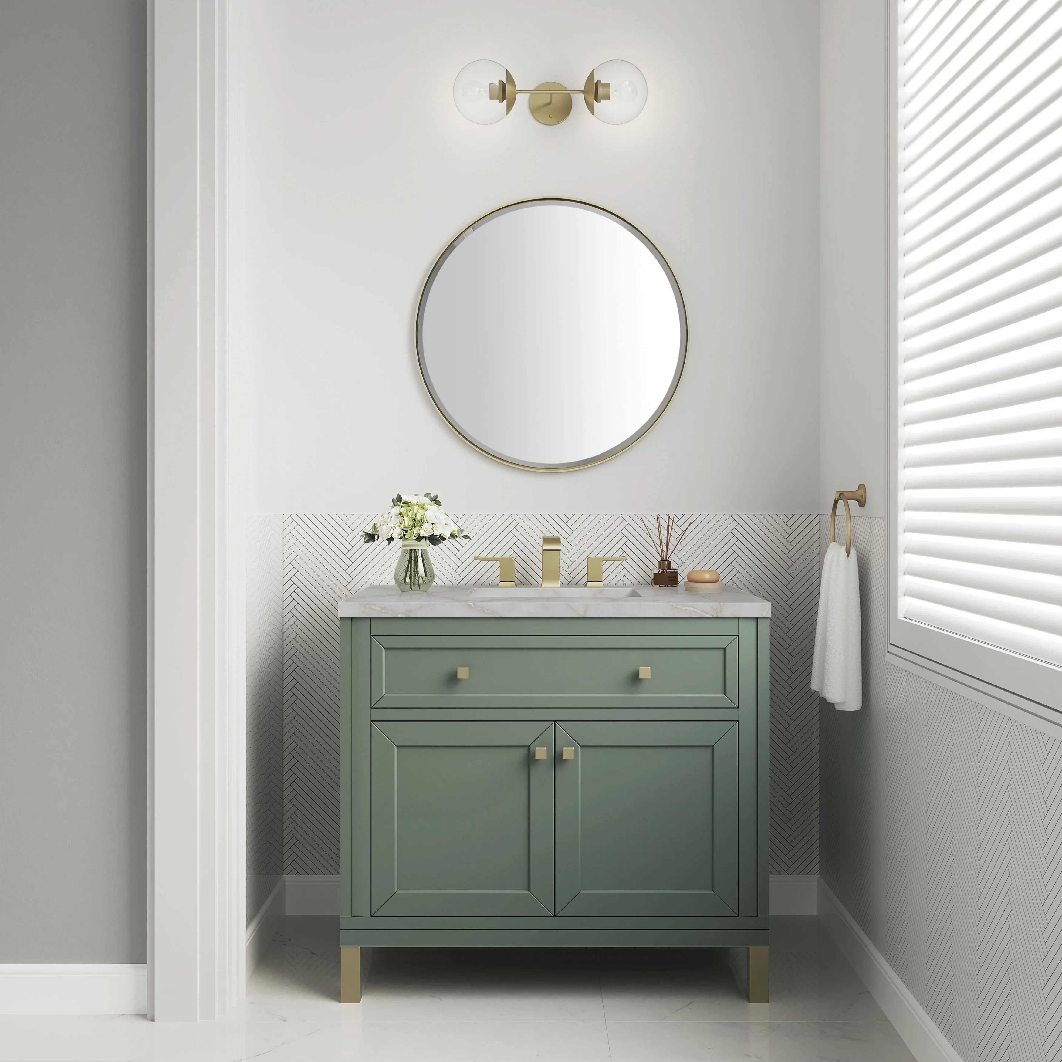 Chicago 36" Single Vanity, Smokey Celadon, w/ 3 CM Victorian Silver Silestone® Top