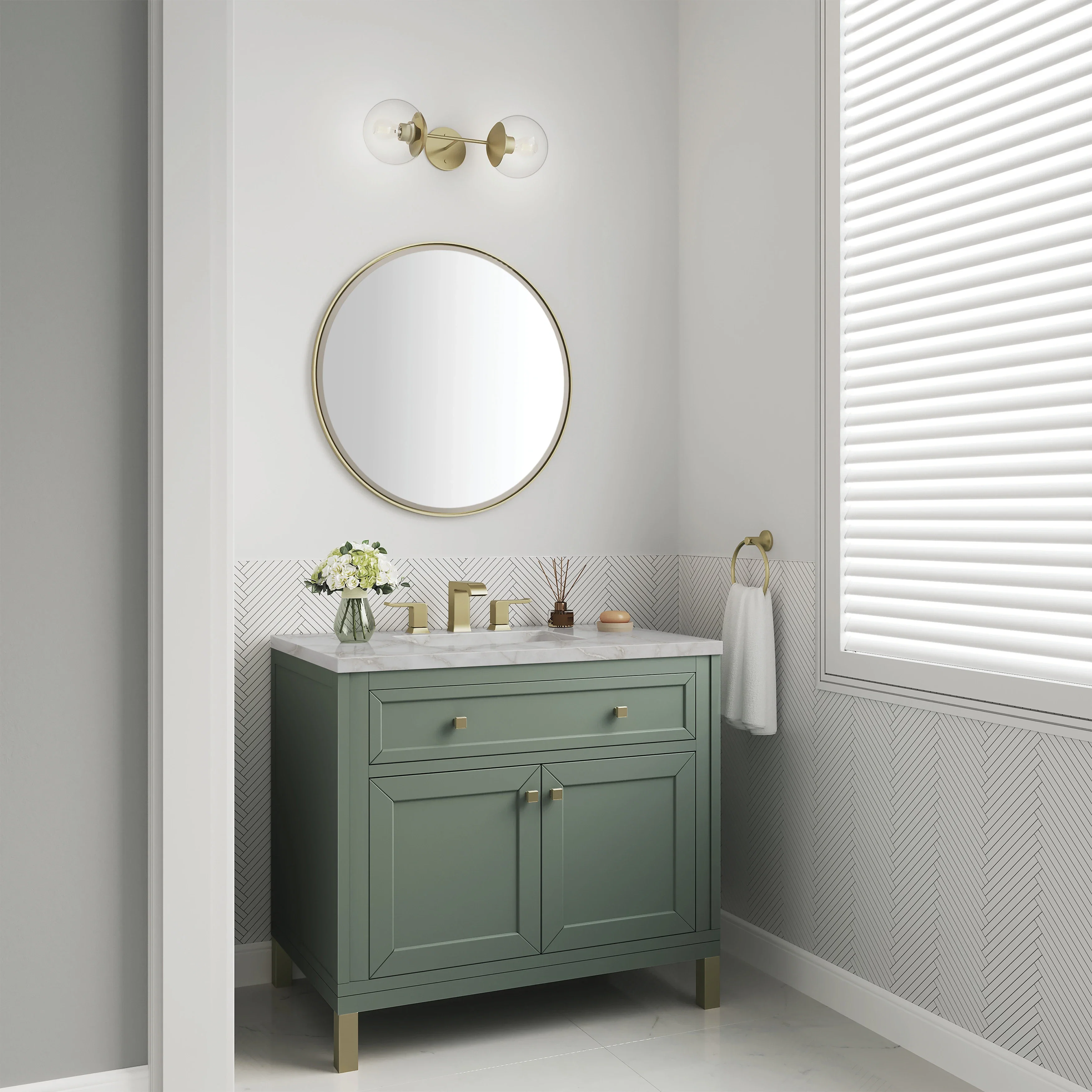 Chicago 36" Single Vanity, Smokey Celadon, w/ 3 CM Victorian Silver Silestone® Top