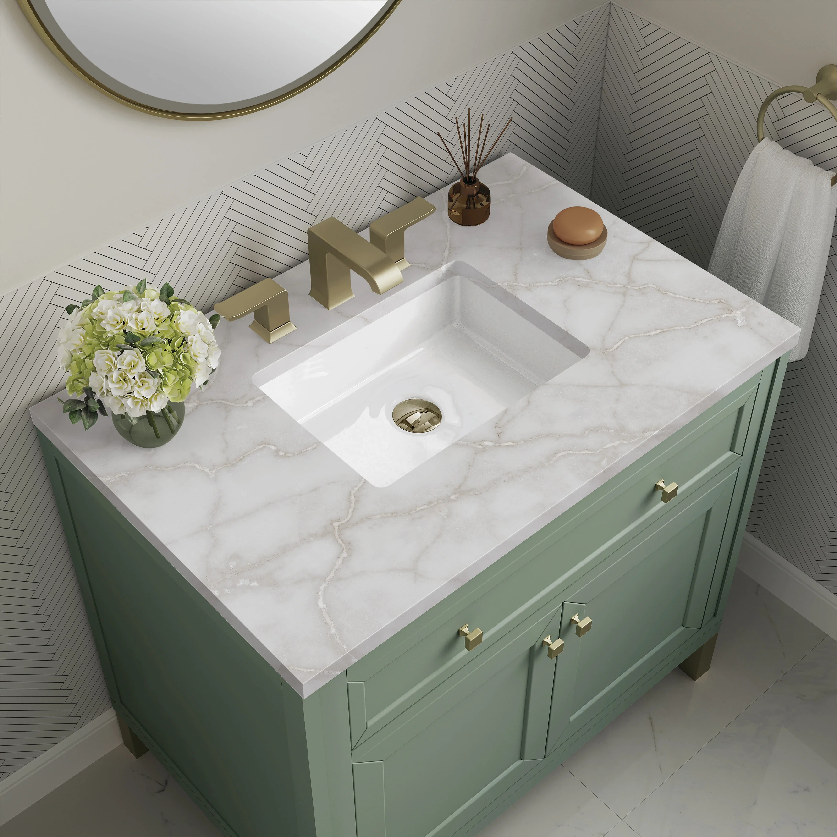 Chicago 36" Single Vanity, Smokey Celadon, w/ 3 CM Victorian Silver Silestone® Top