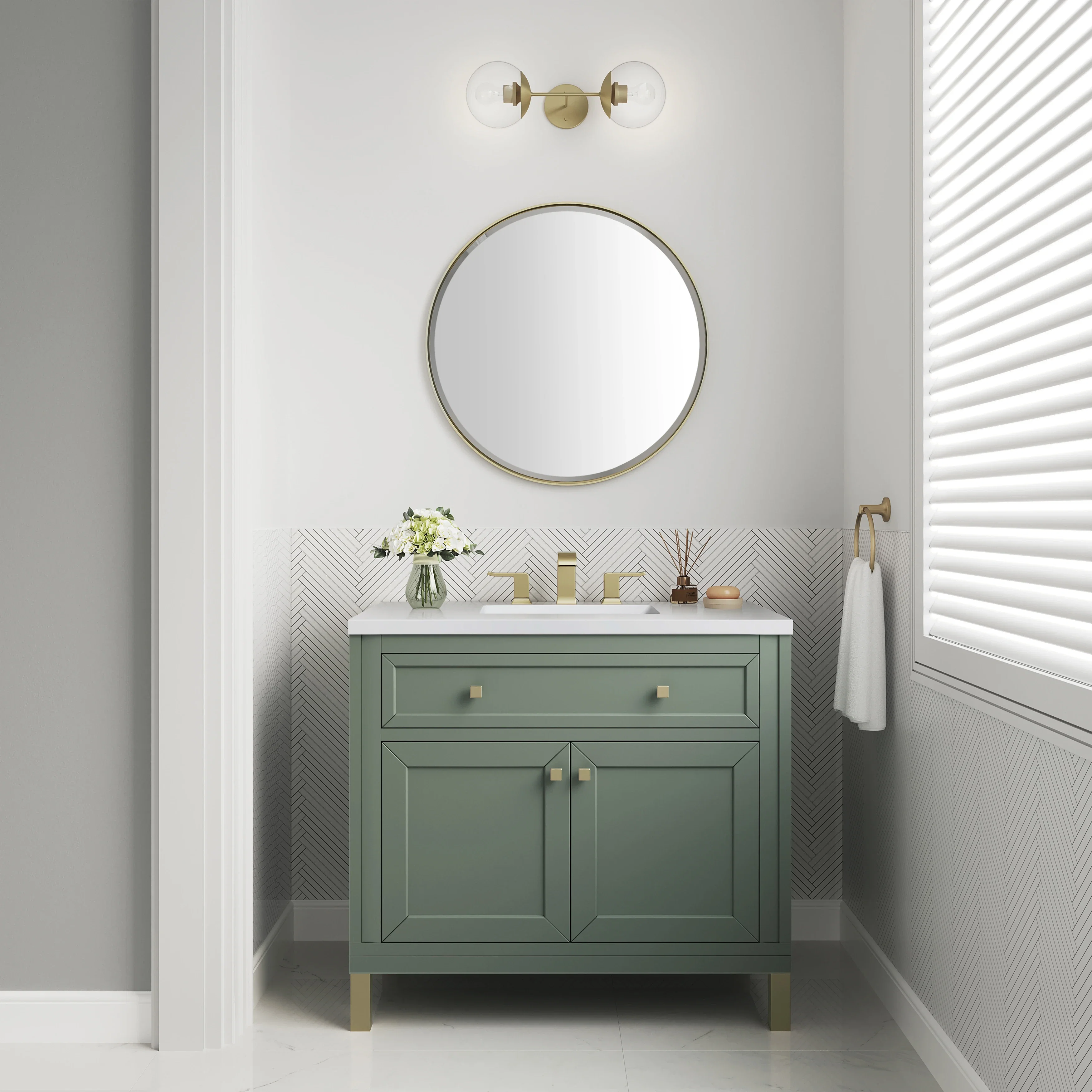 Chicago 36" Single Vanity, Smokey Celadon, w/ 3 CM White Zeus Silestone® Top