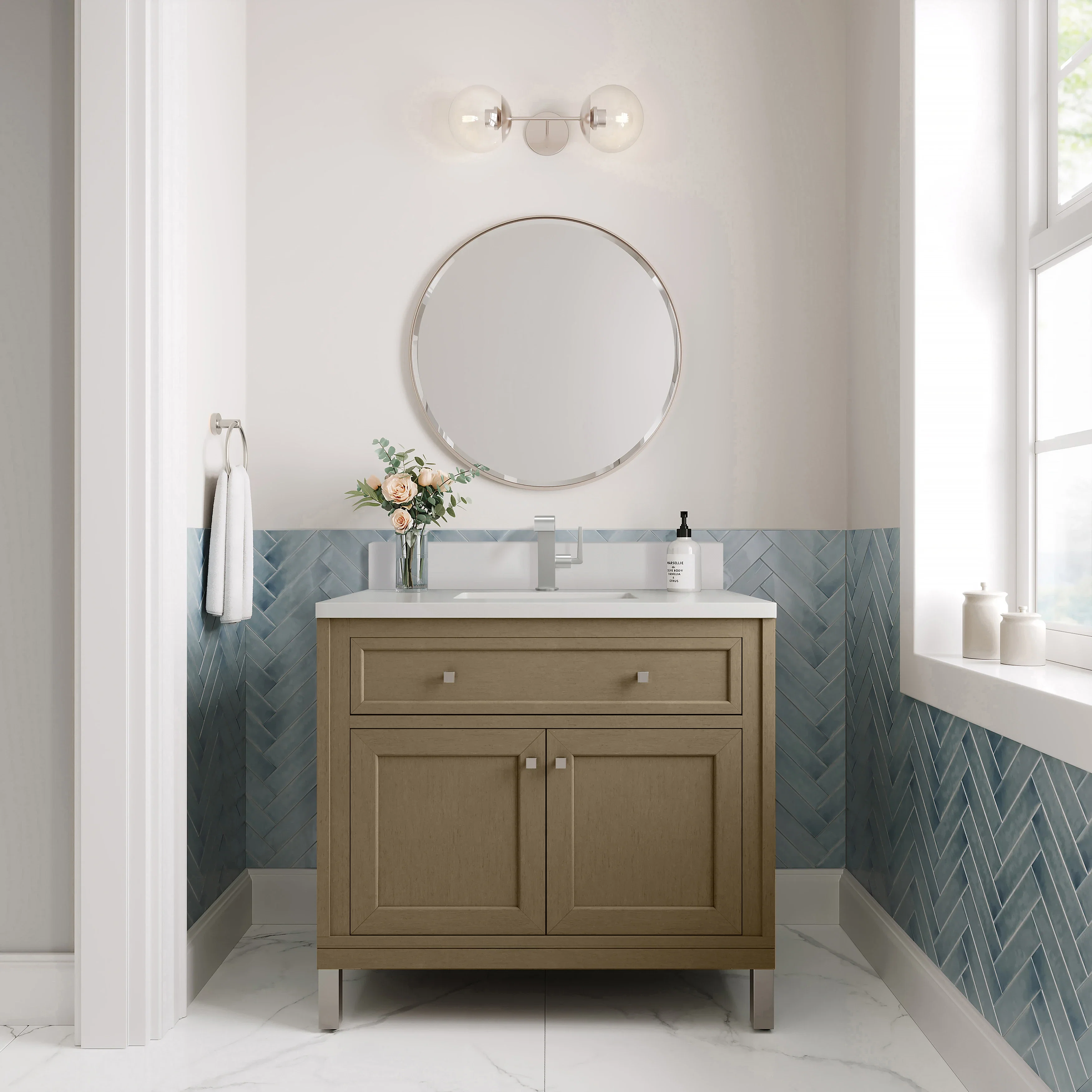 Chicago 36" Single Vanity, Walnut Whisper, w/ Single Hole 3CM White Zeus Silestone® Top & Backsplash
