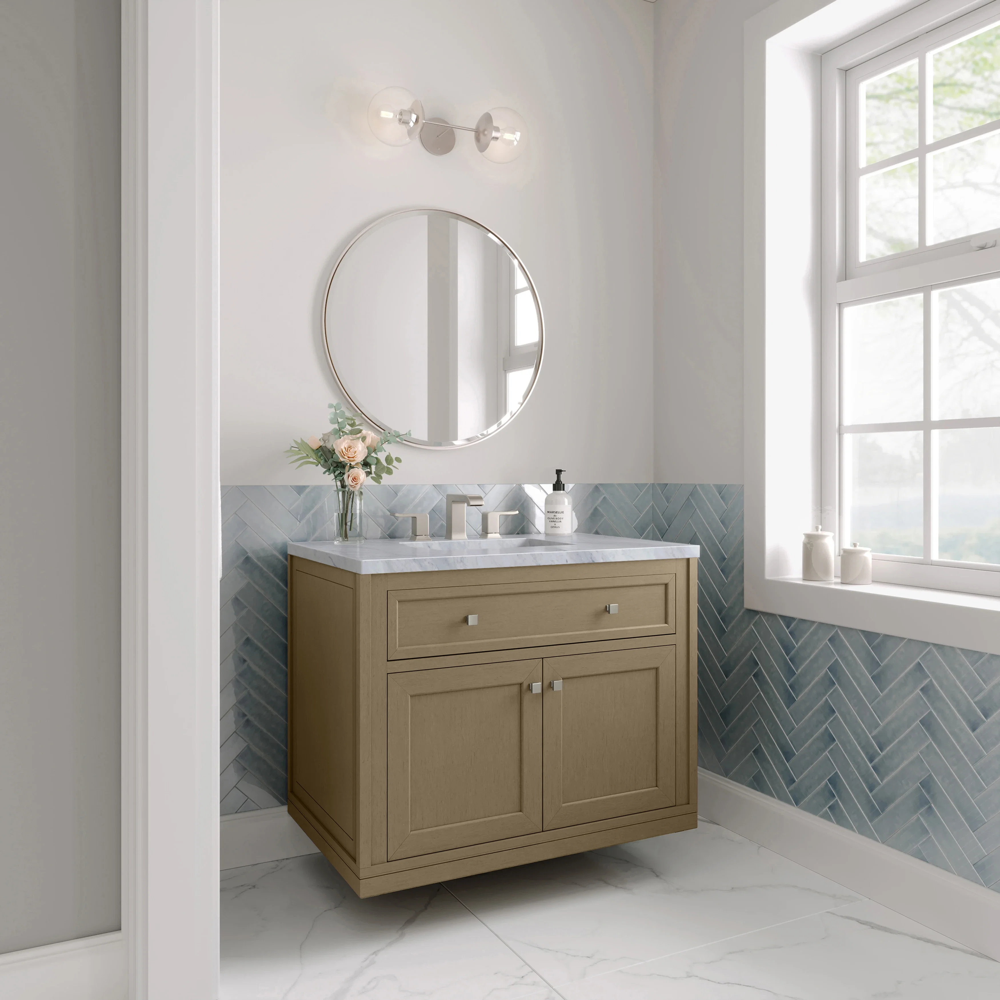 Chicago 36" Single Vanity, Walnut Whisper, w/ 3 CM Carrara Marble Top