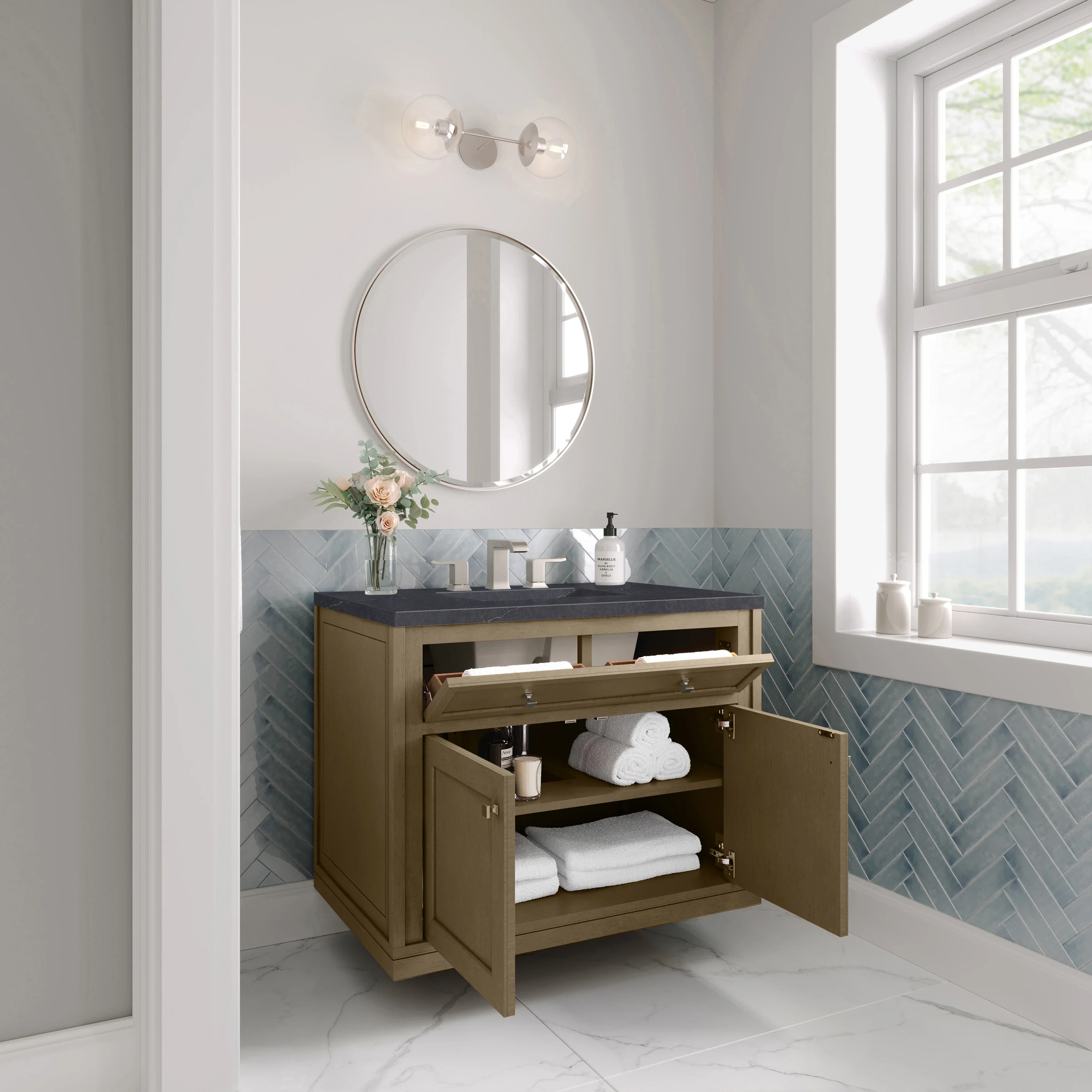 Chicago 36" Single Vanity, Walnut Whisper, w/ 3 CM Charcoal Soapstone Silestone® Top